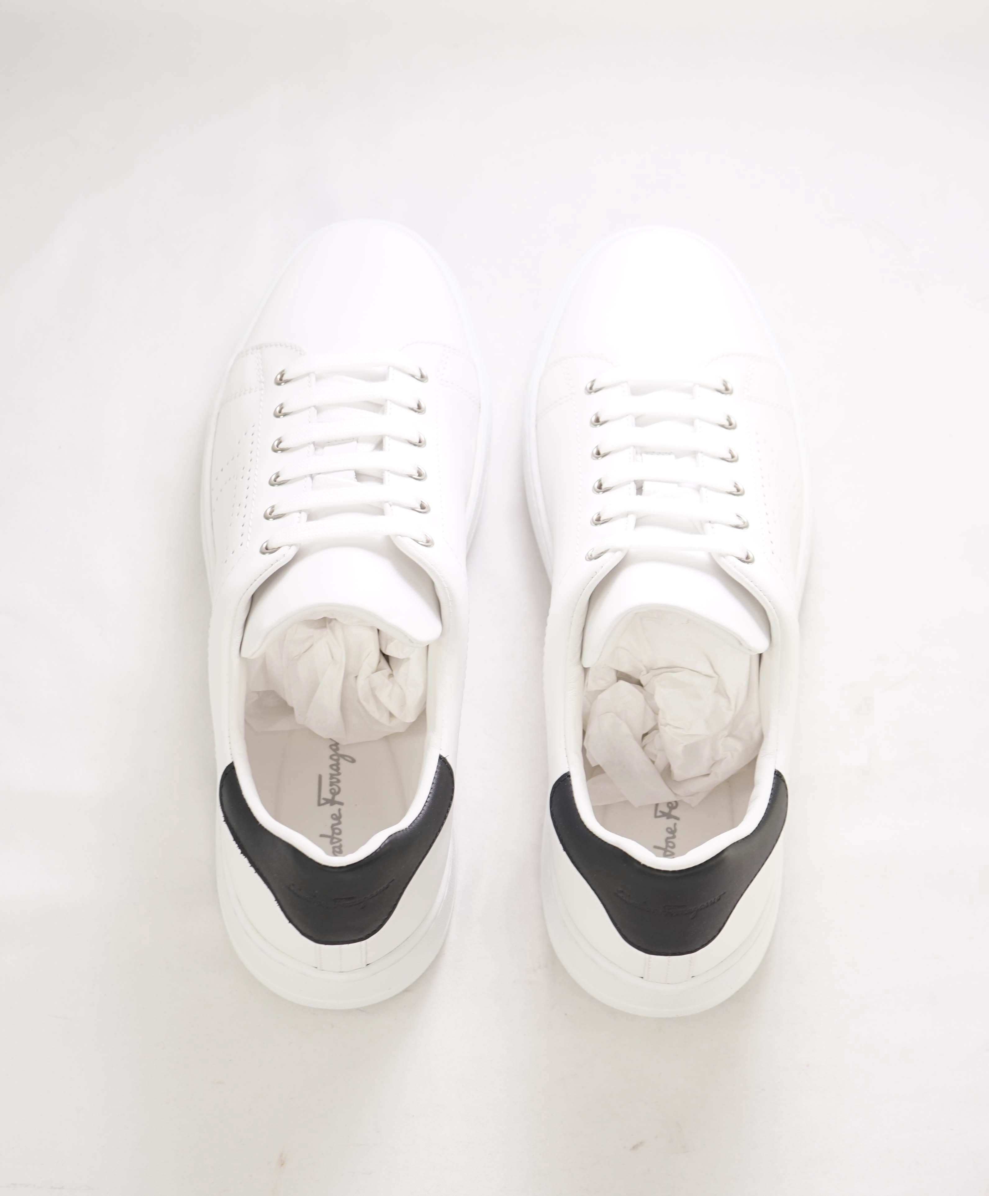 $695 SALVATORE FERRAGAMO - *PIERRE* White/Black Gancini Sneaker - 10.5 M US