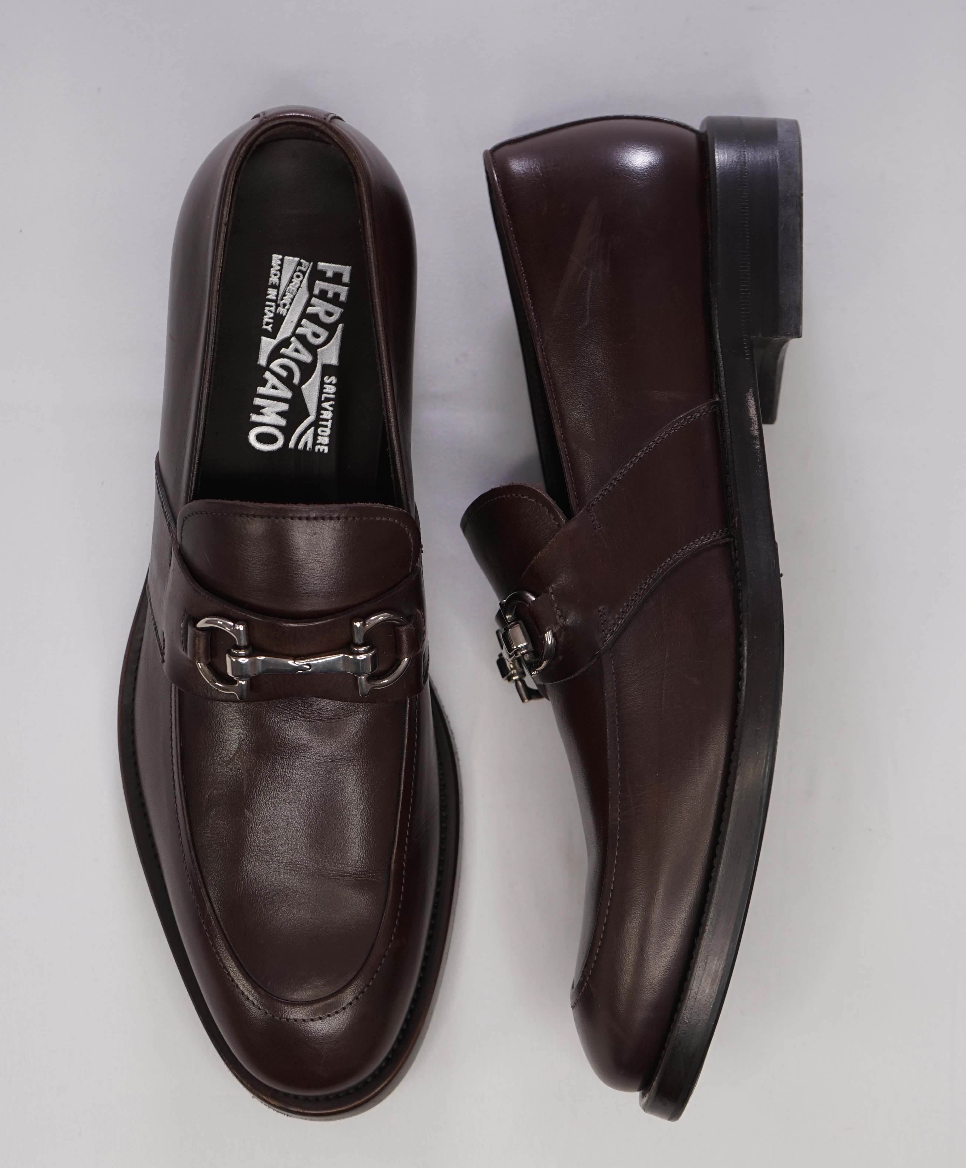 $850 SALVATORE FERRAGAMO -"Siracusa 2" Brown Gancini Leather Loafers - 8.5 D