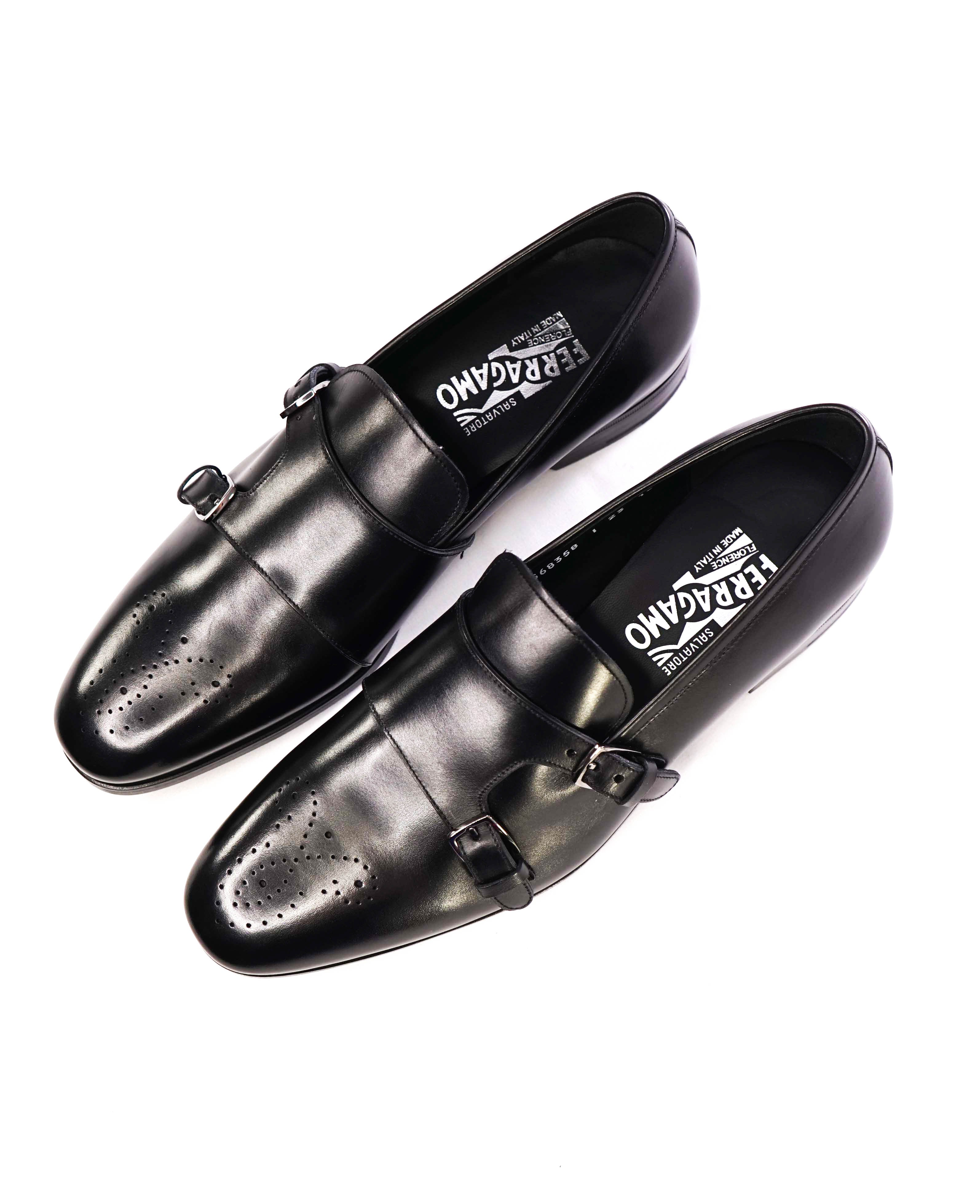 $950 SALVATORE FERRAGAMO -"Roland" Black Venetian Leather Monk Strap Loafers-10D