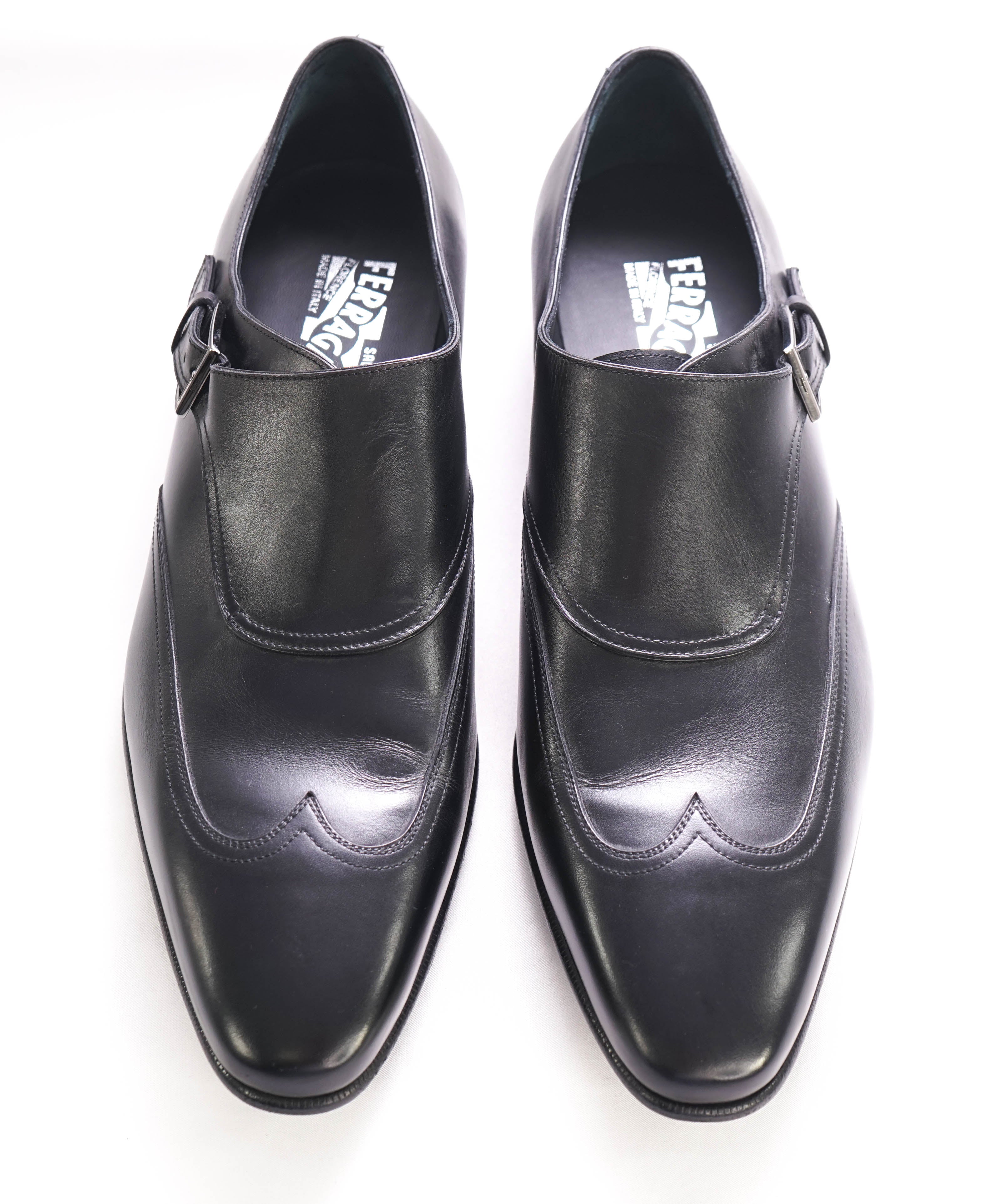 $700 SALVATORE FERRAGAMO - Single Monk Wingtip Black Leather Loafer - 11.5 US