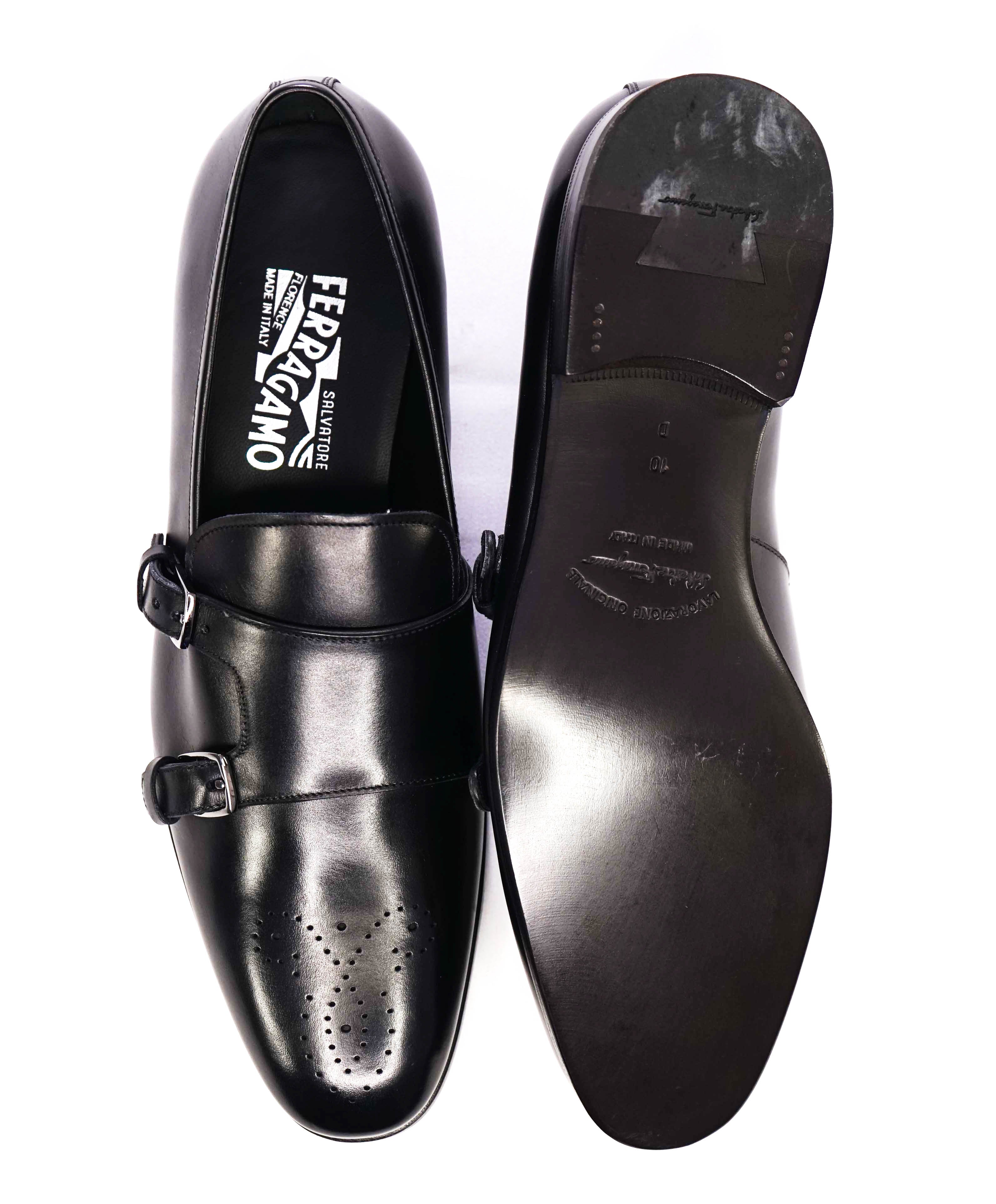 $950 SALVATORE FERRAGAMO -"Roland" Black Venetian Leather Monk Strap Loafers-10D