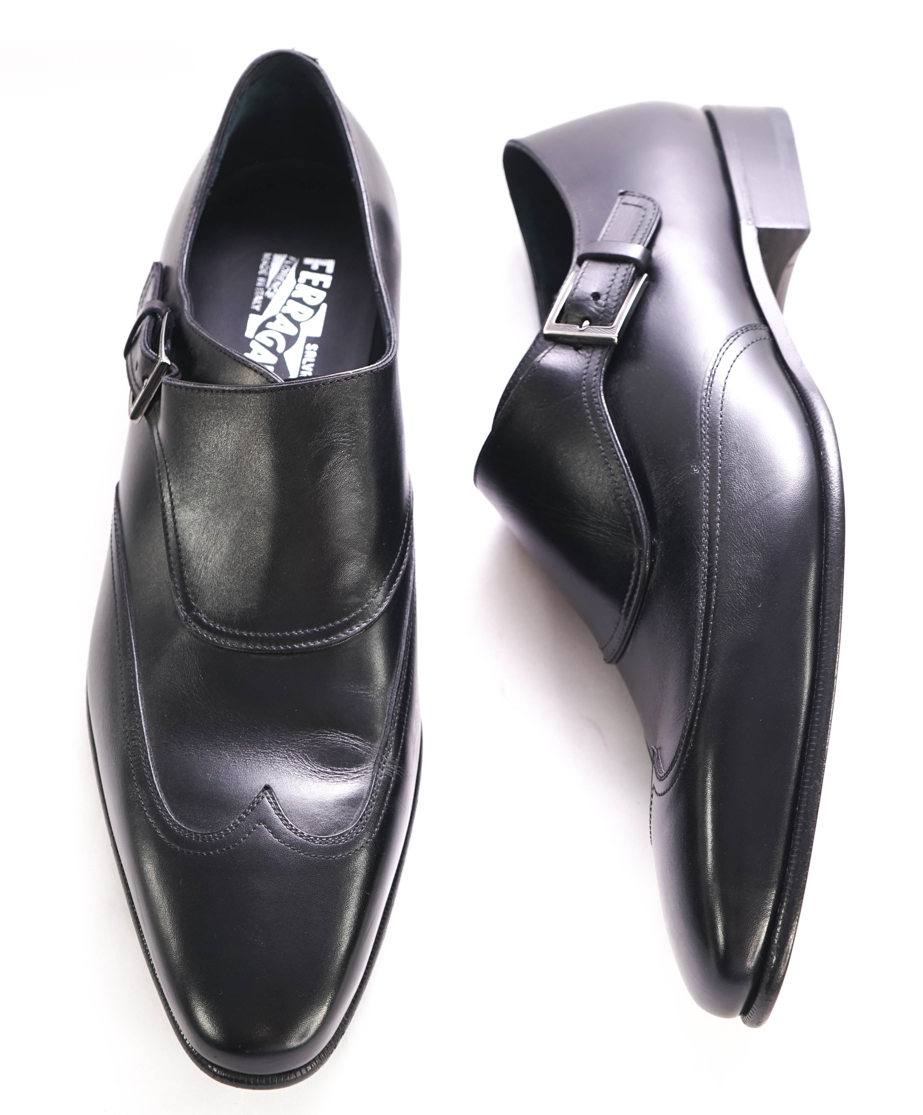 $700 SALVATORE FERRAGAMO - Single Monk Wingtip Black Leather Loafer - 11.5 US