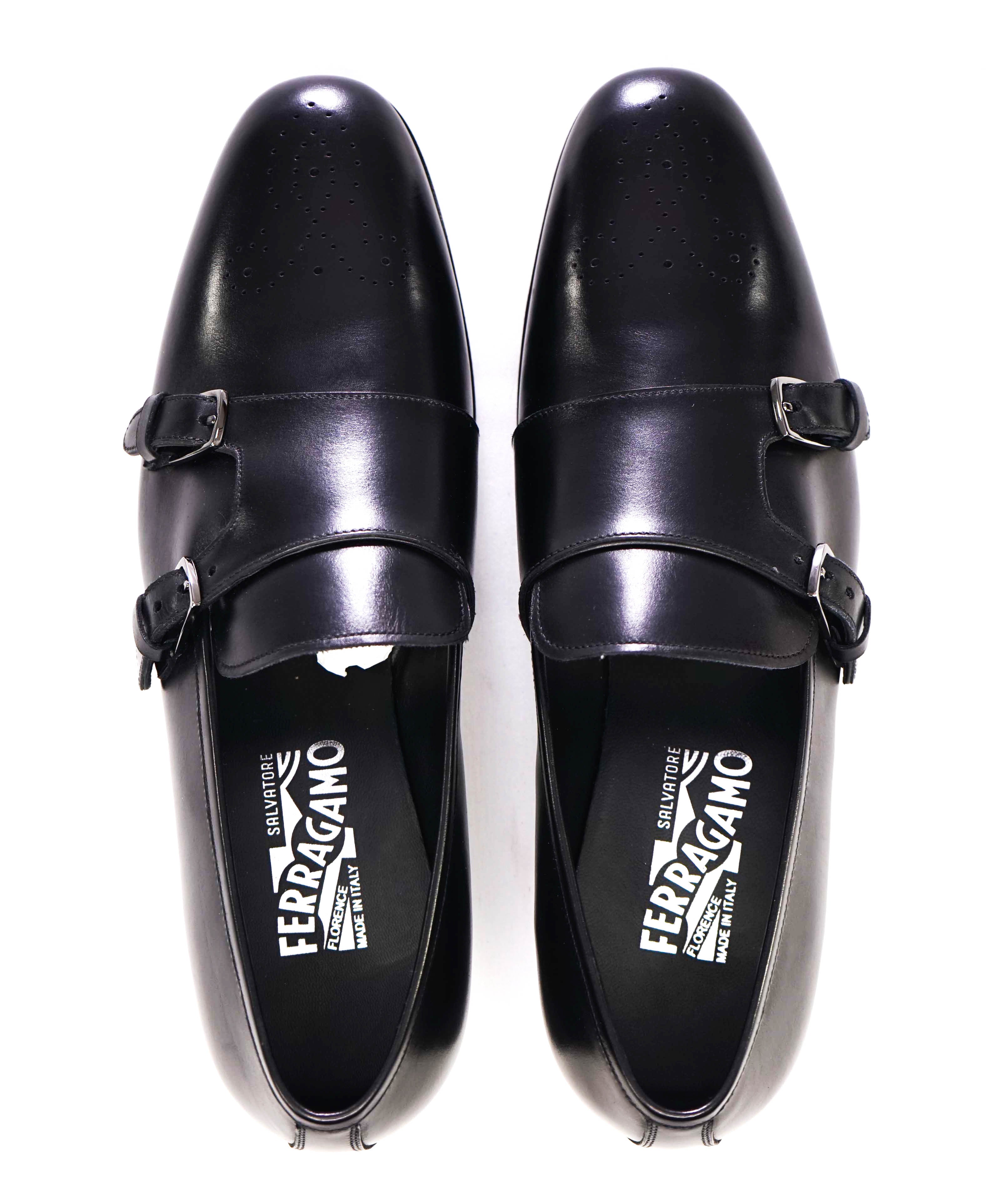 $950 SALVATORE FERRAGAMO -"Roland" Black Venetian Leather Monk Strap Loafers-10D