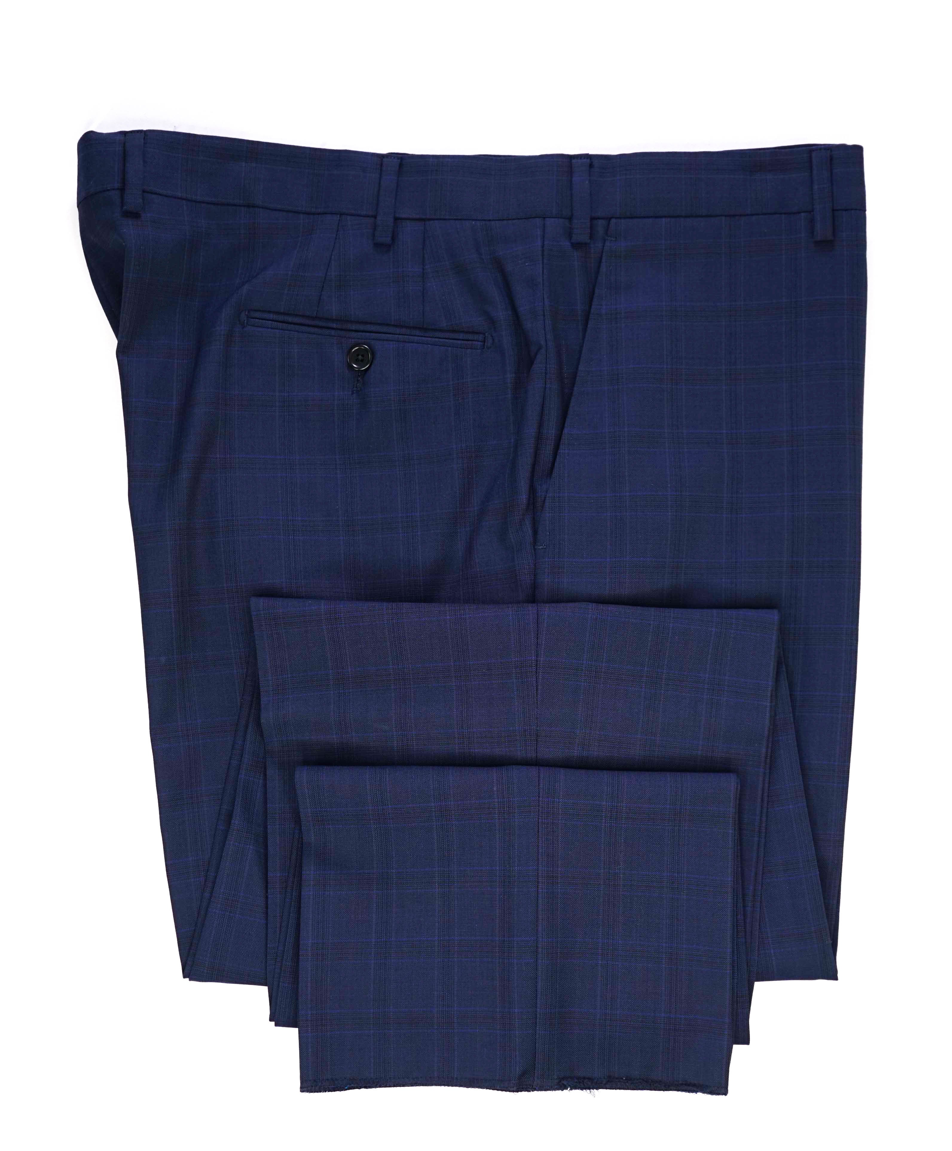$425 SAKS FIFTH AVE -Wool Blue Check "tailored"MADE ITALY Flat Front Dress Pants- 42W