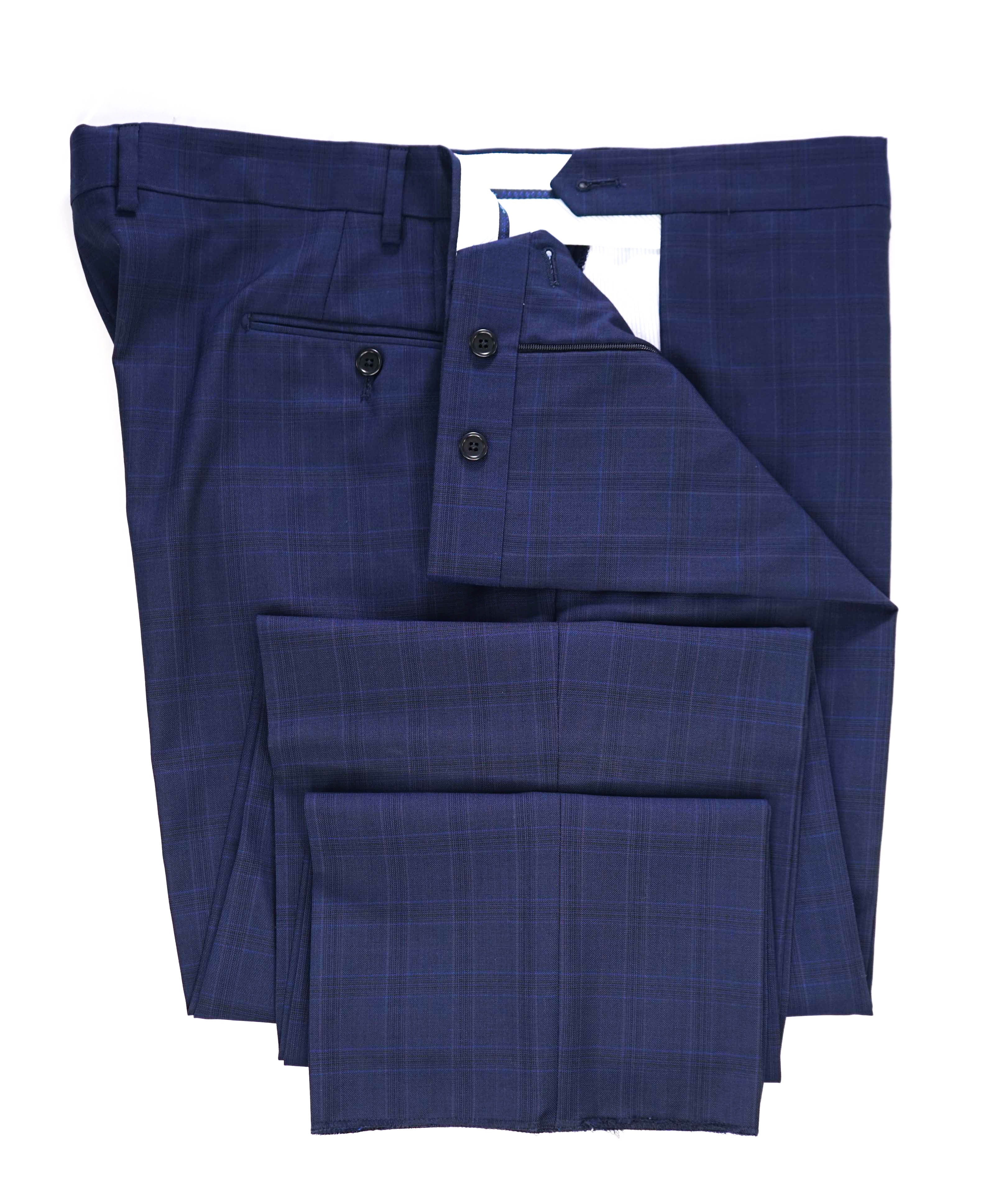 $425 SAKS FIFTH AVE -Wool Blue Check "tailored"MADE ITALY Flat Front Dress Pants- 42W