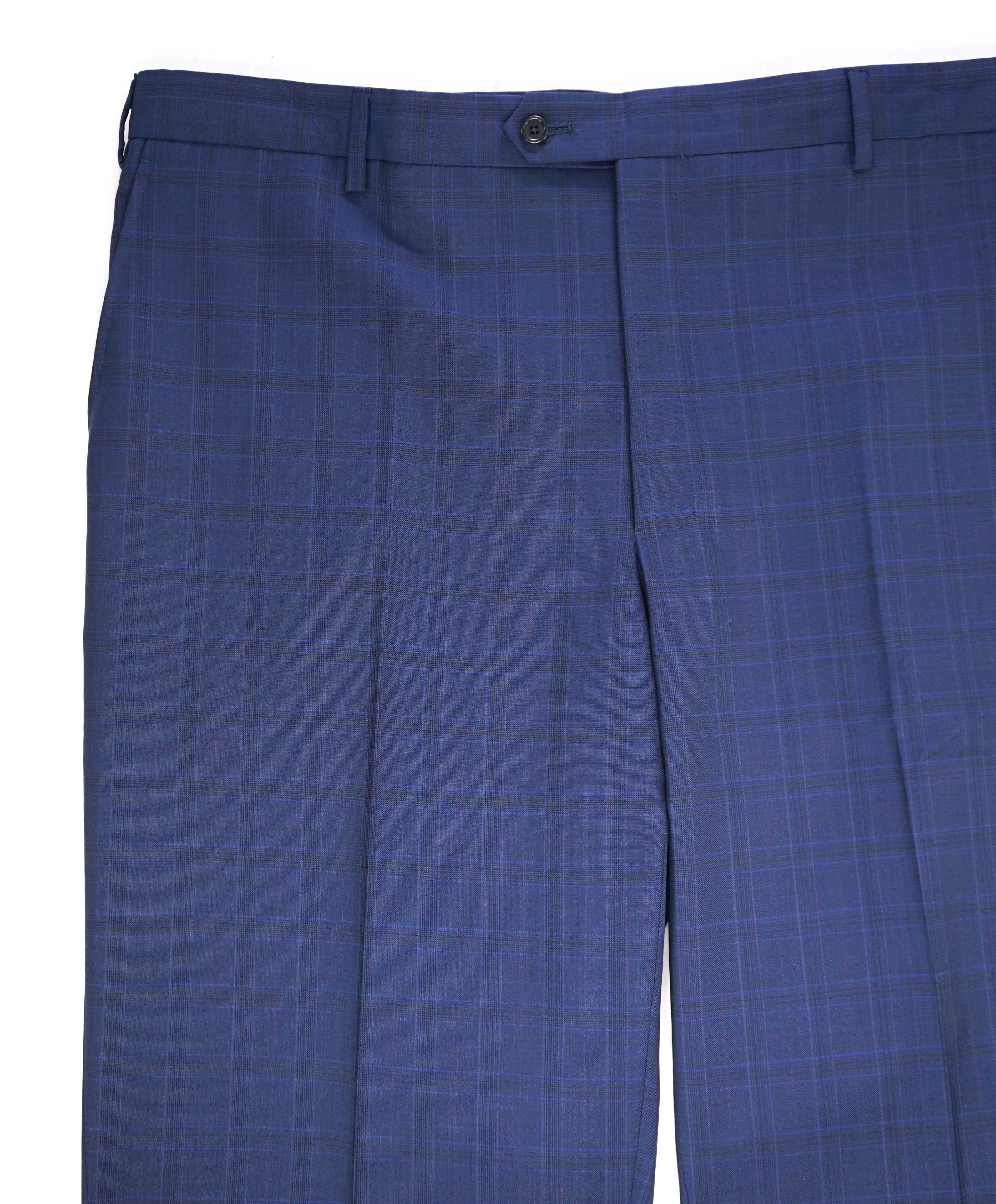$425 SAKS FIFTH AVE -Wool Blue Check "tailored"MADE ITALY Flat Front Dress Pants- 42W