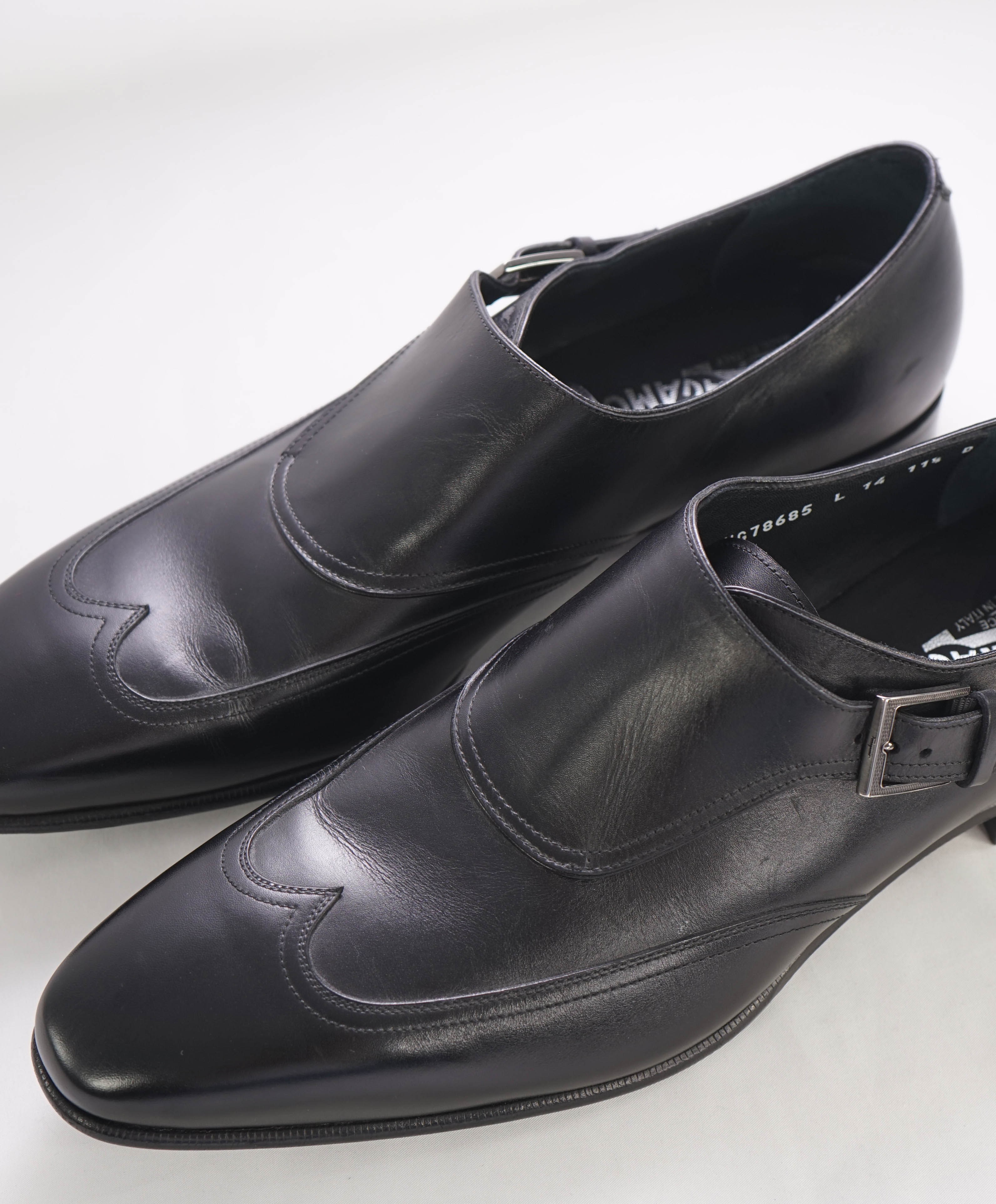 $700 SALVATORE FERRAGAMO - Single Monk Wingtip Black Leather Loafer - 11.5 US