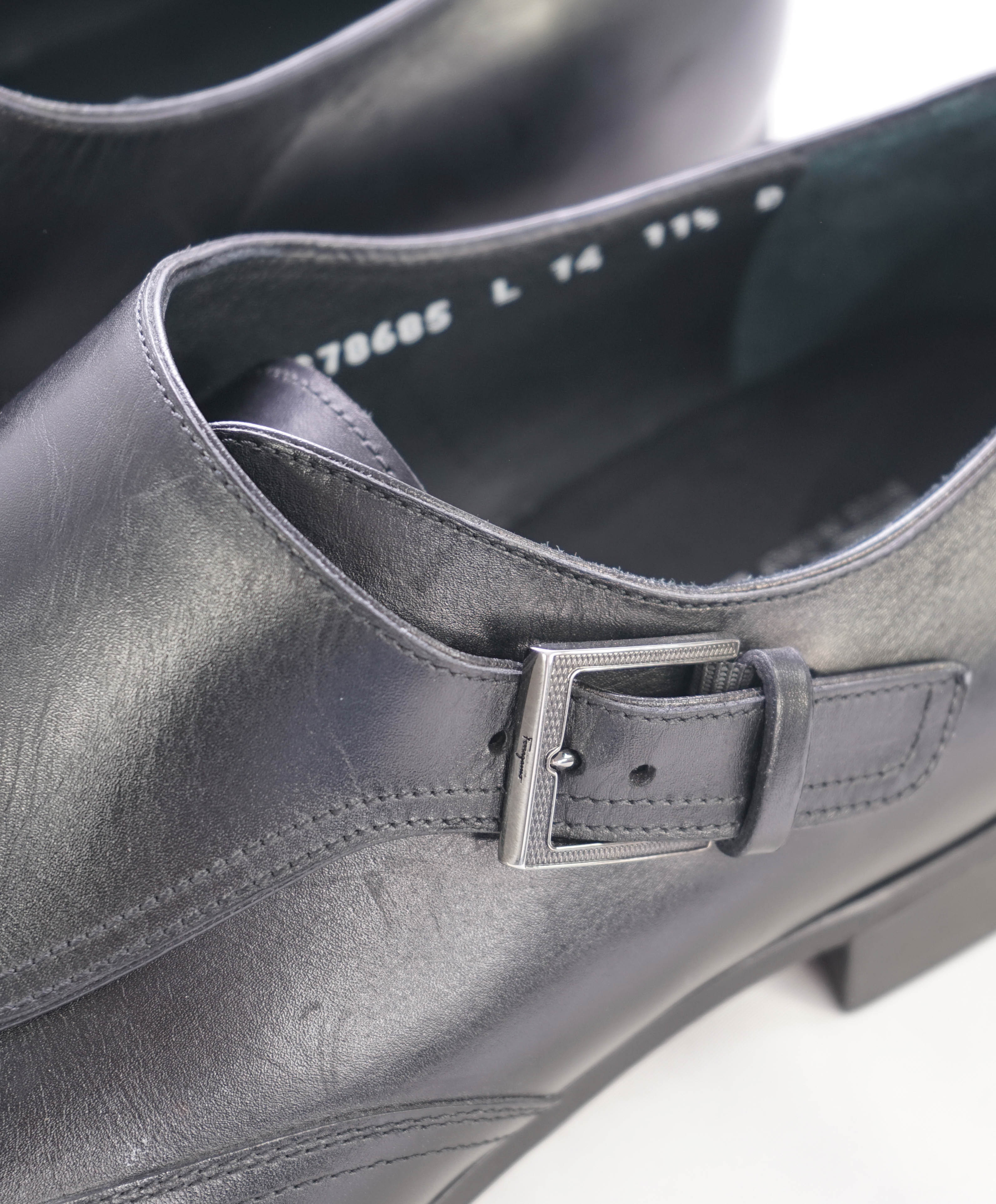 $700 SALVATORE FERRAGAMO - Single Monk Wingtip Black Leather Loafer - 11.5 US