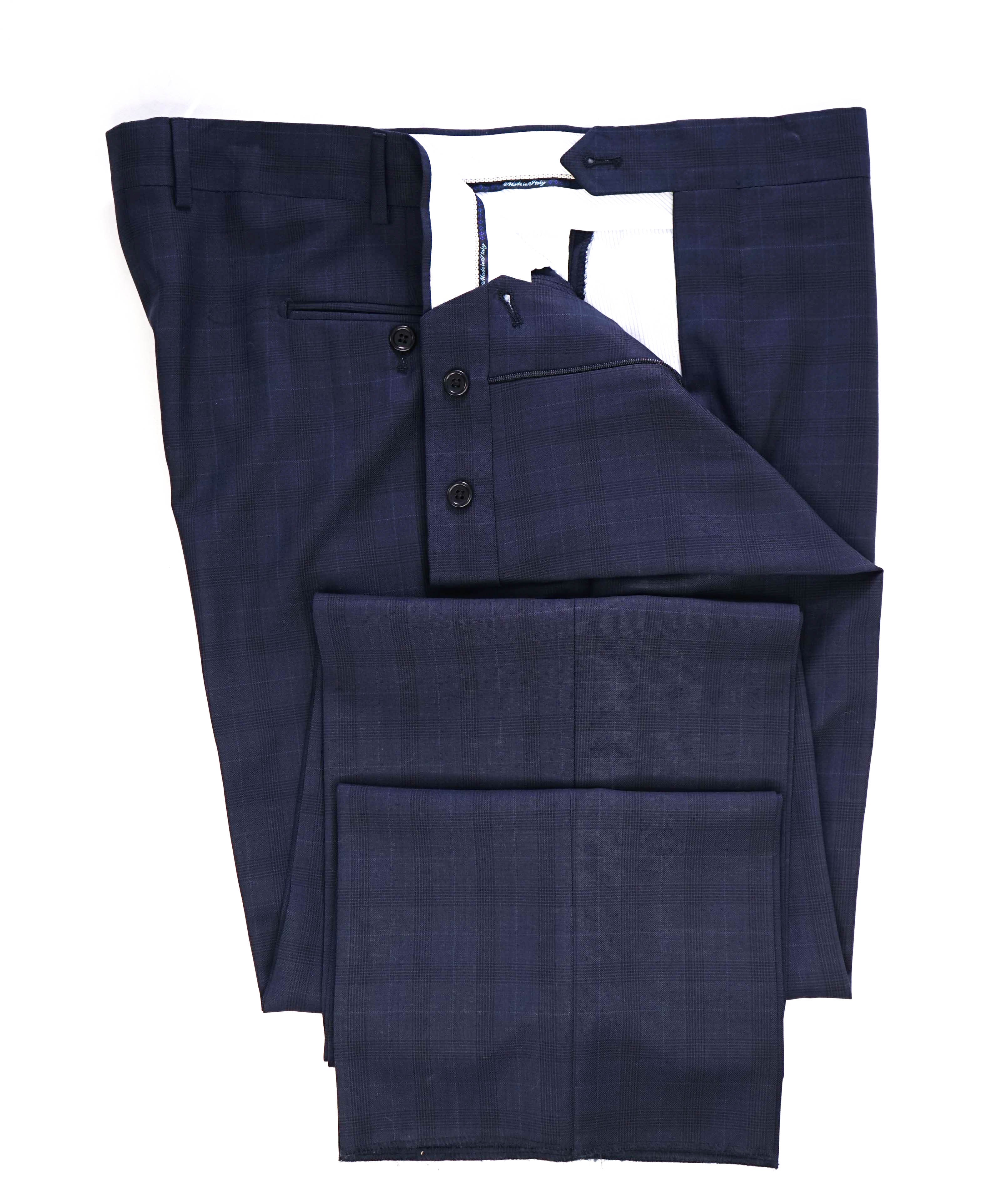 $425 SAKS FIFTH AVE -Wool Blue Check "Classic"MADE ITALY Flat Front Dress Pants- 40W
