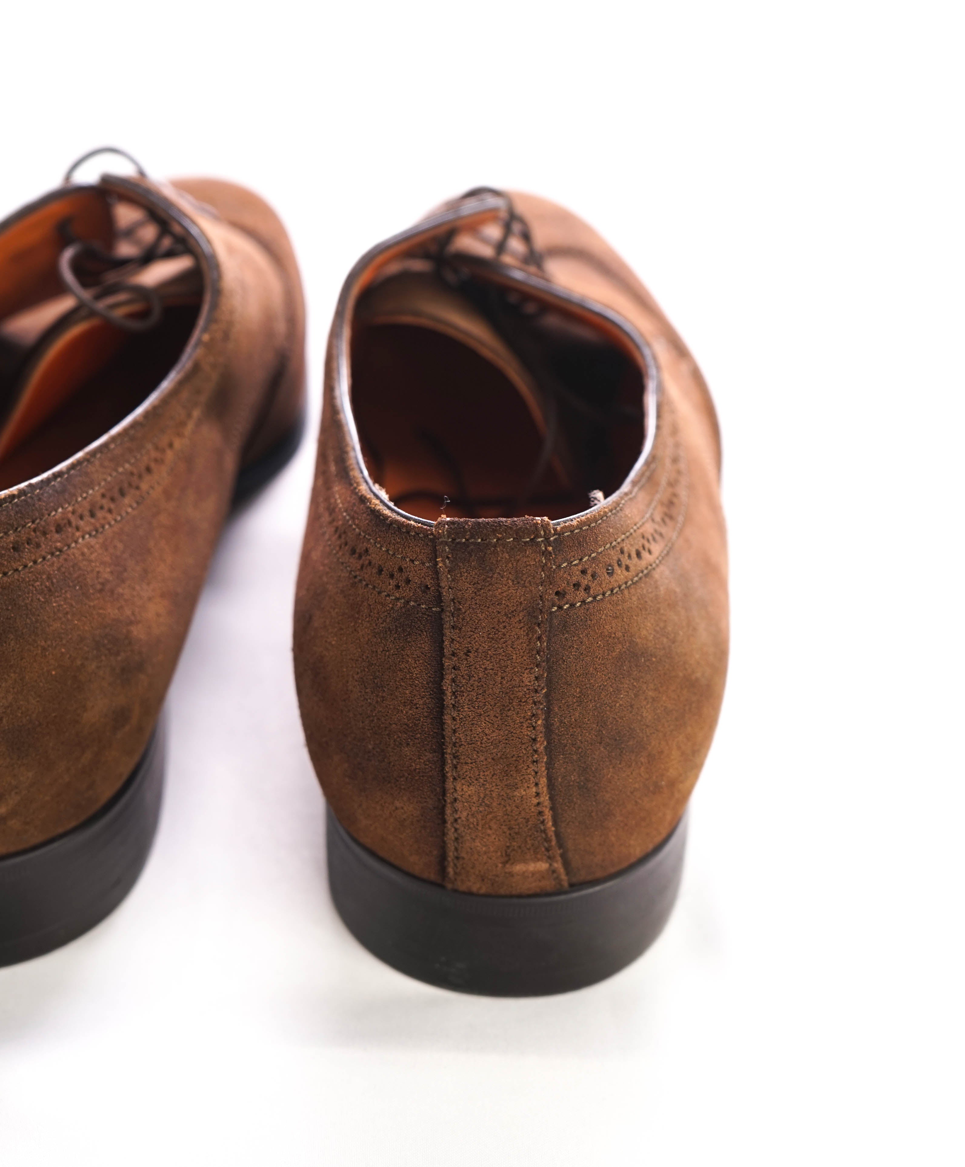 $720 SANTONI - Made In Italy Brown Suede Derby Round Toe Oxfords - 10 Stamped