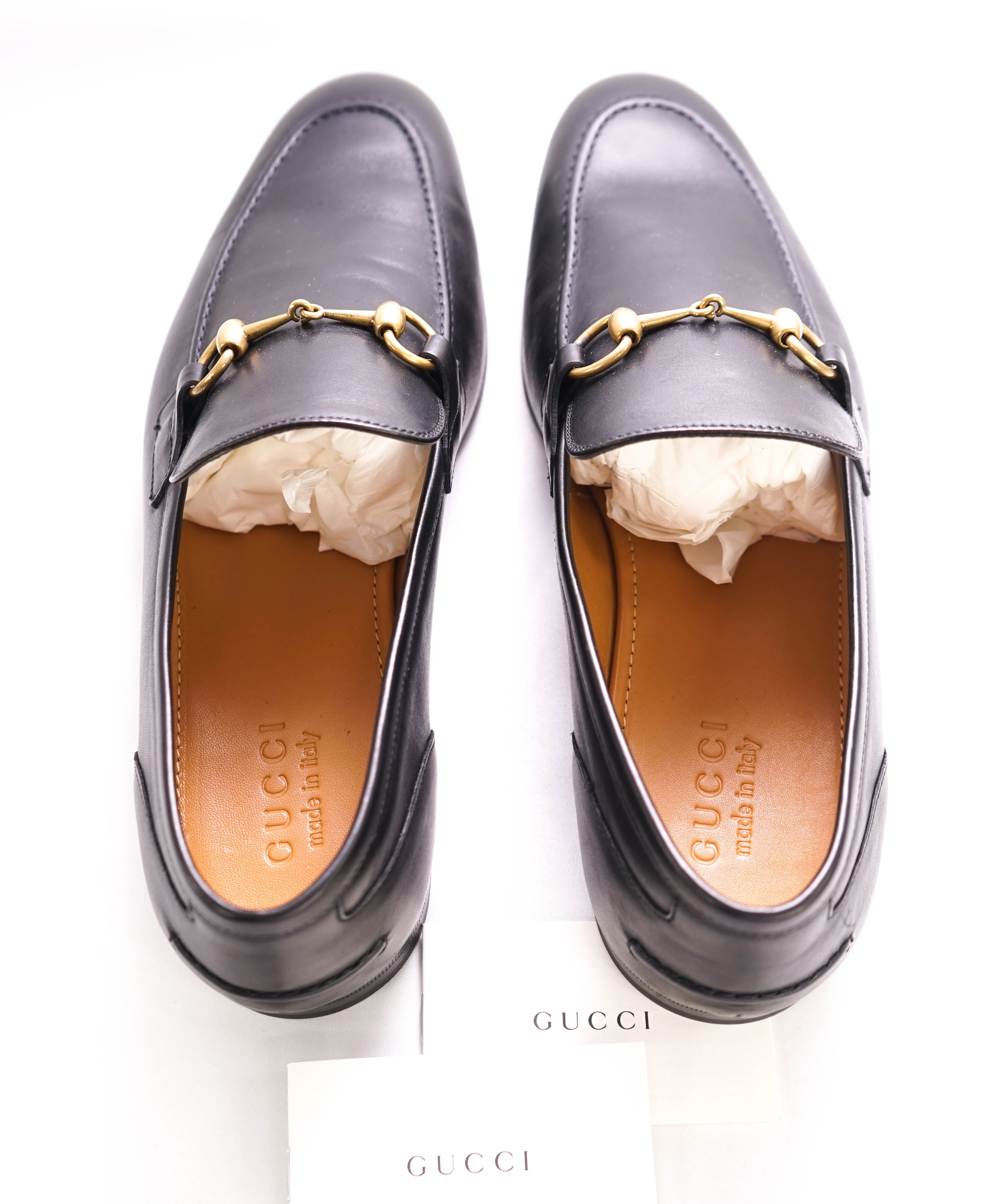 $920 GUCCI - "JORDAAN" Black/Gold ICONIC Horsebit Leather Loafers - 10.5US (10G)