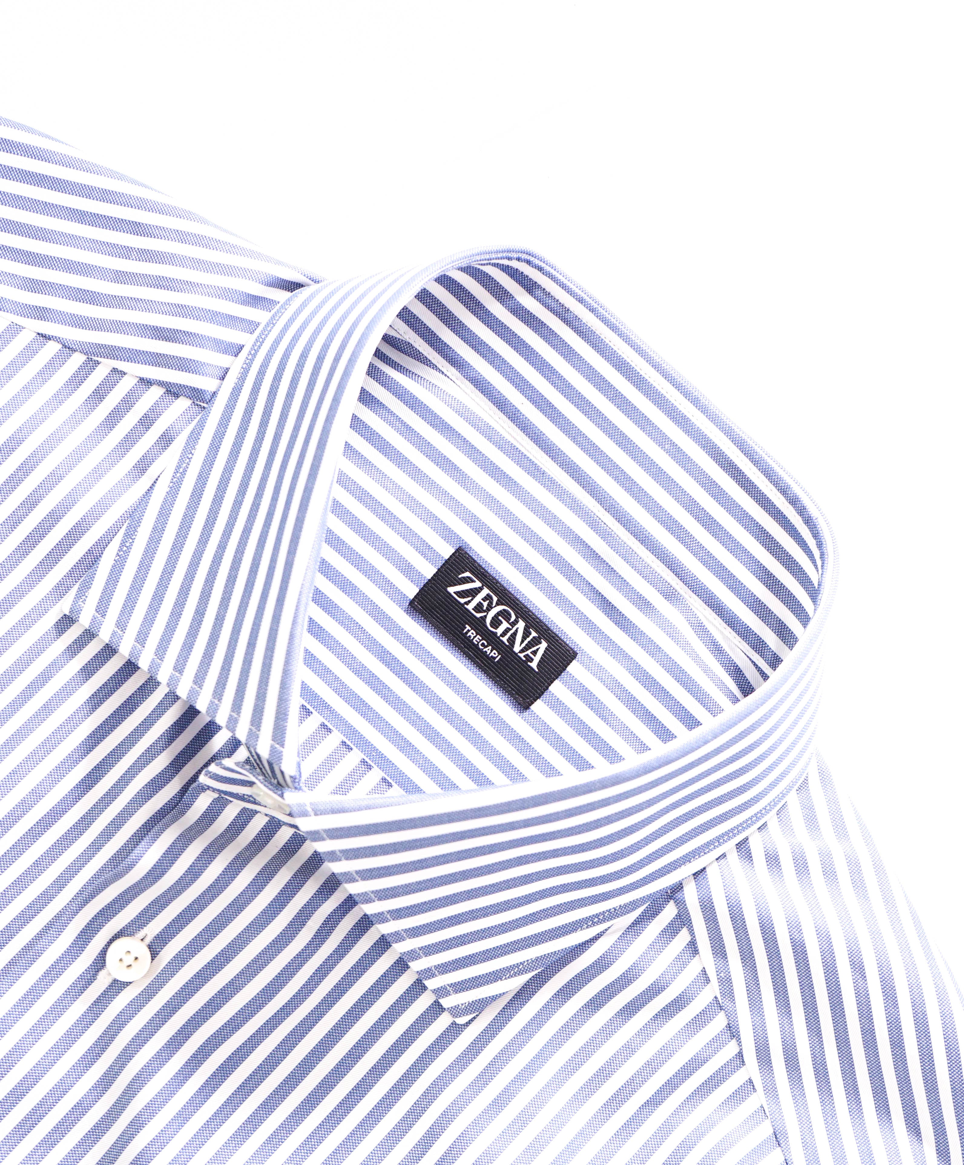 $890 ZEGNA - "TRECAPI" Milano Blue Stripe Button Down Shirt - 17.5 (44)