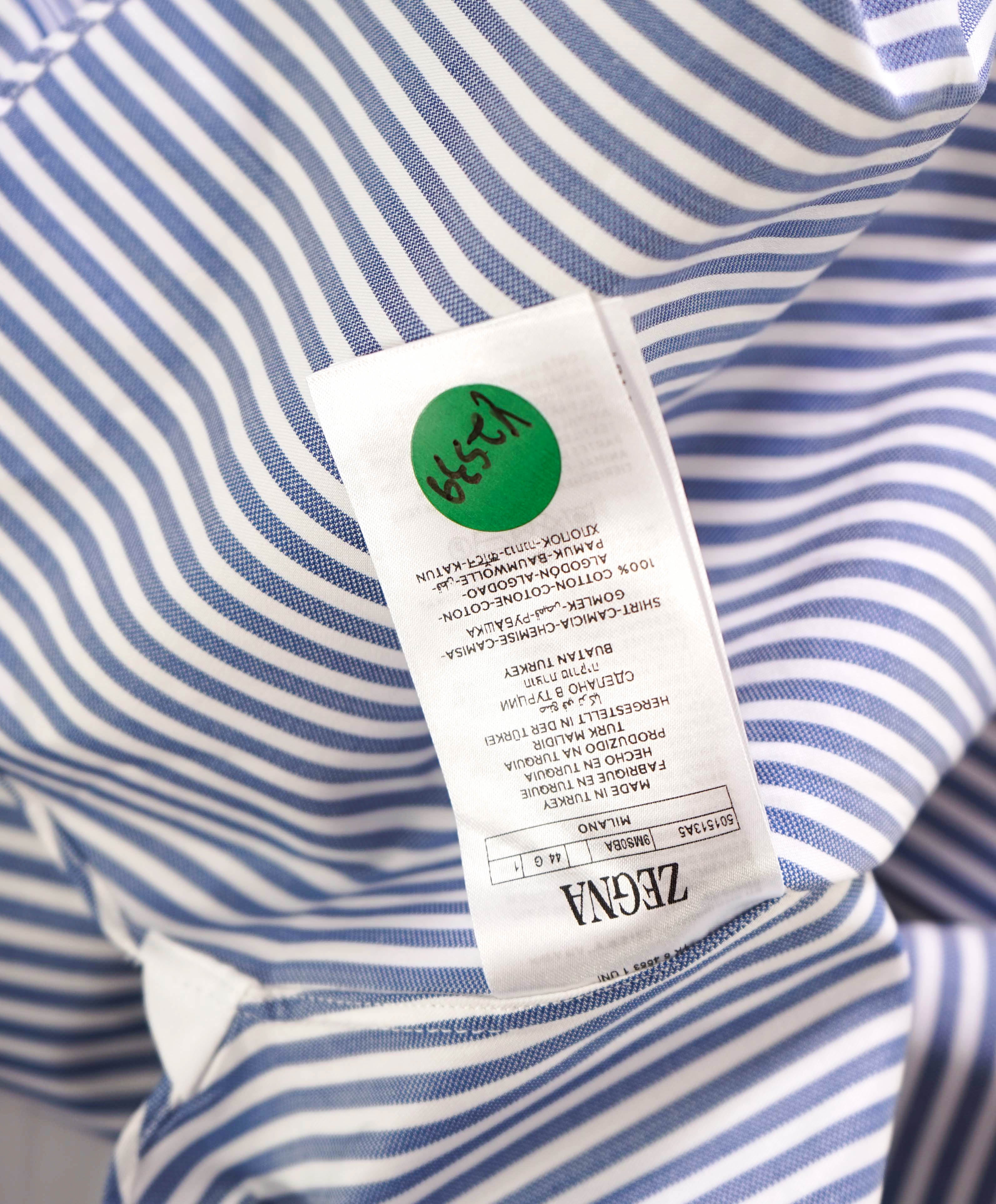 $890 ZEGNA - "TRECAPI" Milano Blue Stripe Button Down Shirt - 17.5 (44)