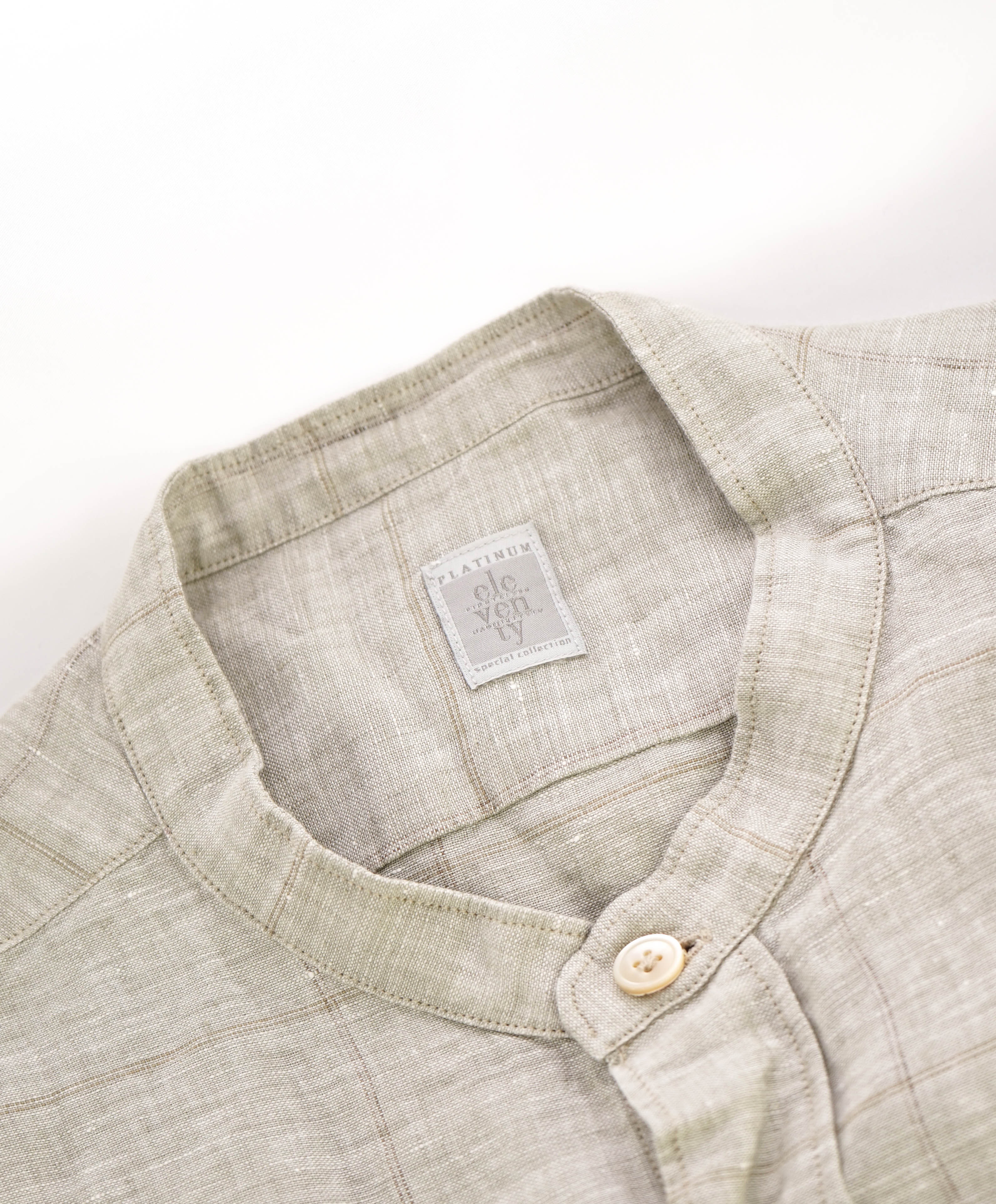 $545 ELEVENTY - *LINEN* Sage/SandBand Collar Button Shirt - M