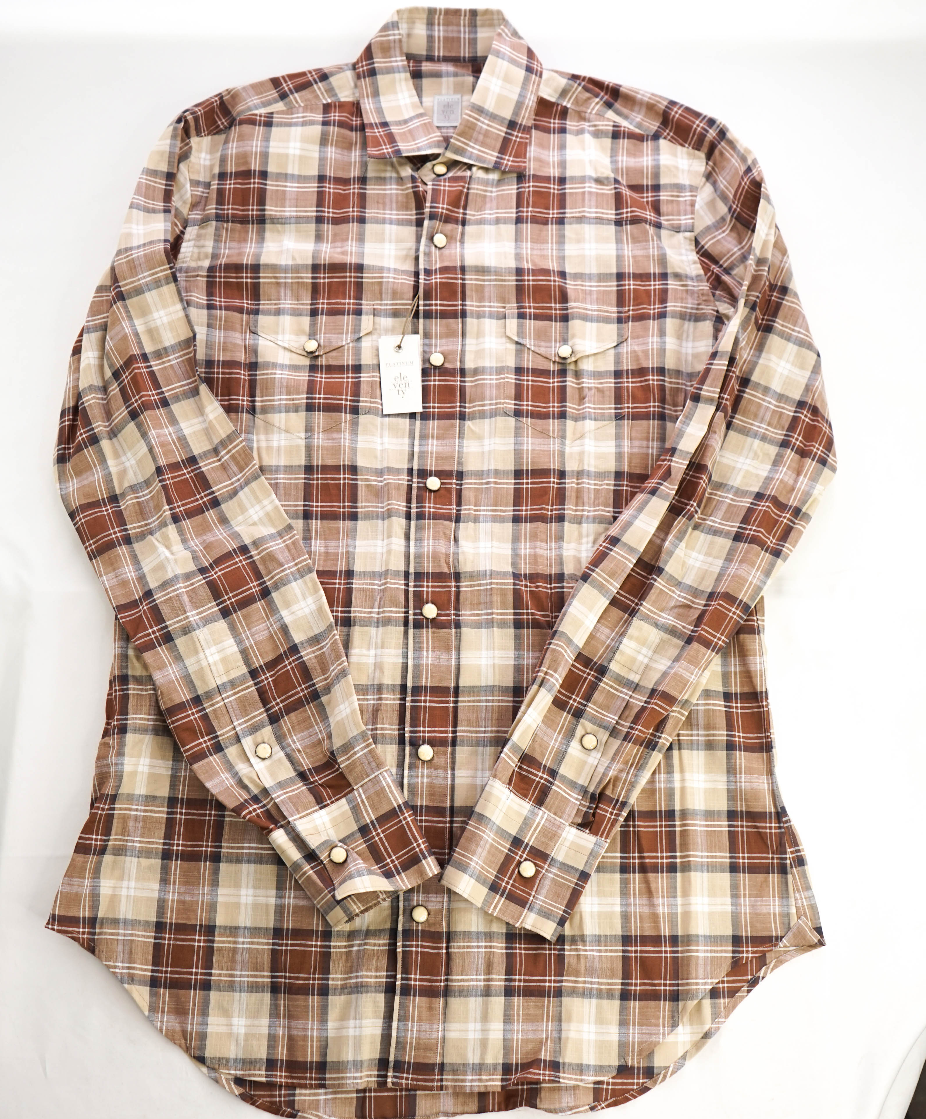 $395 ELEVENTY - Sand *Snap Front* Snap Texas Style Western Shirt - M