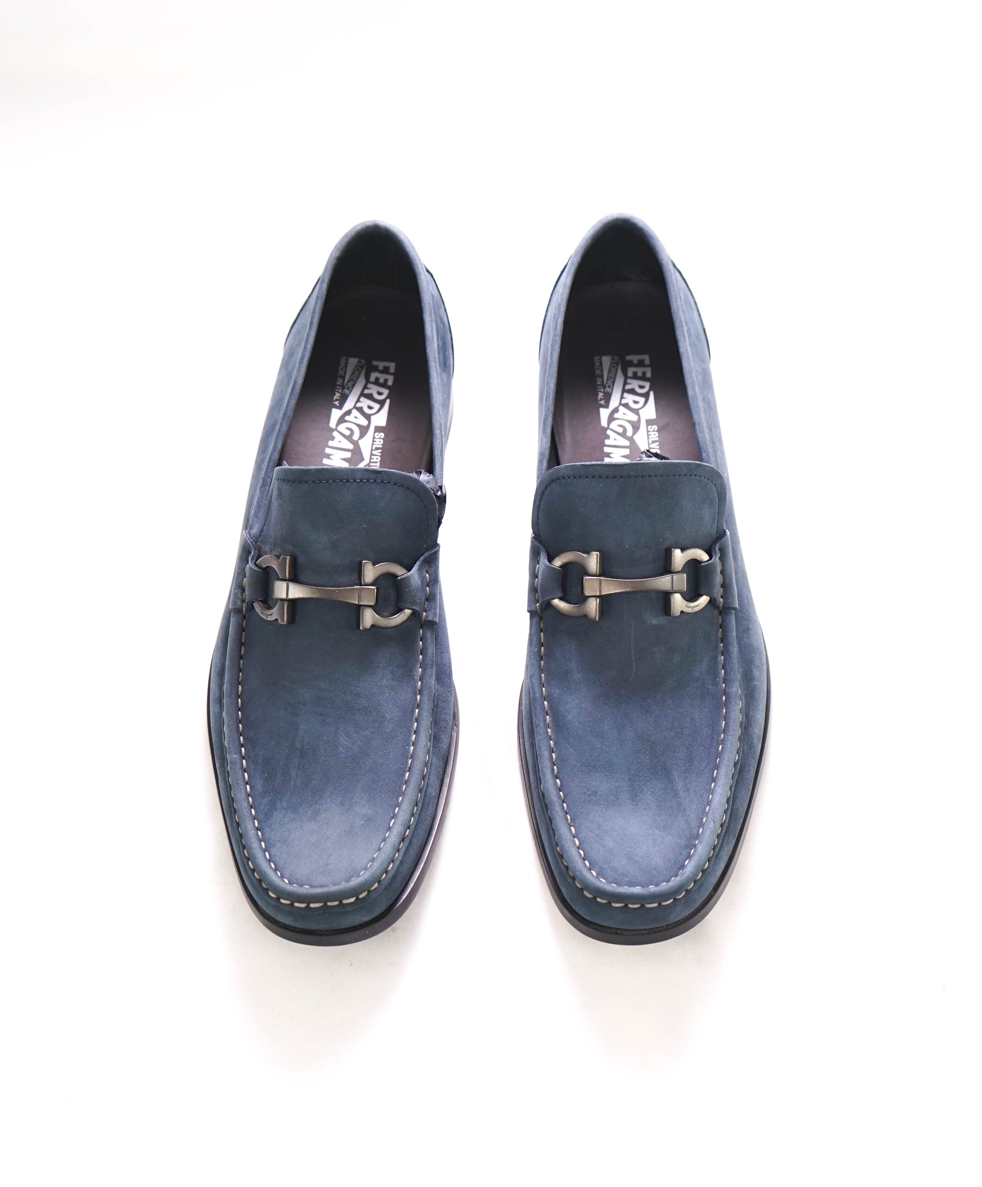 $850 SALVATORE FERRAGAMO - “GRANDIOSO" Gancini Bit Loafer Steel Blue Suede - 10 D