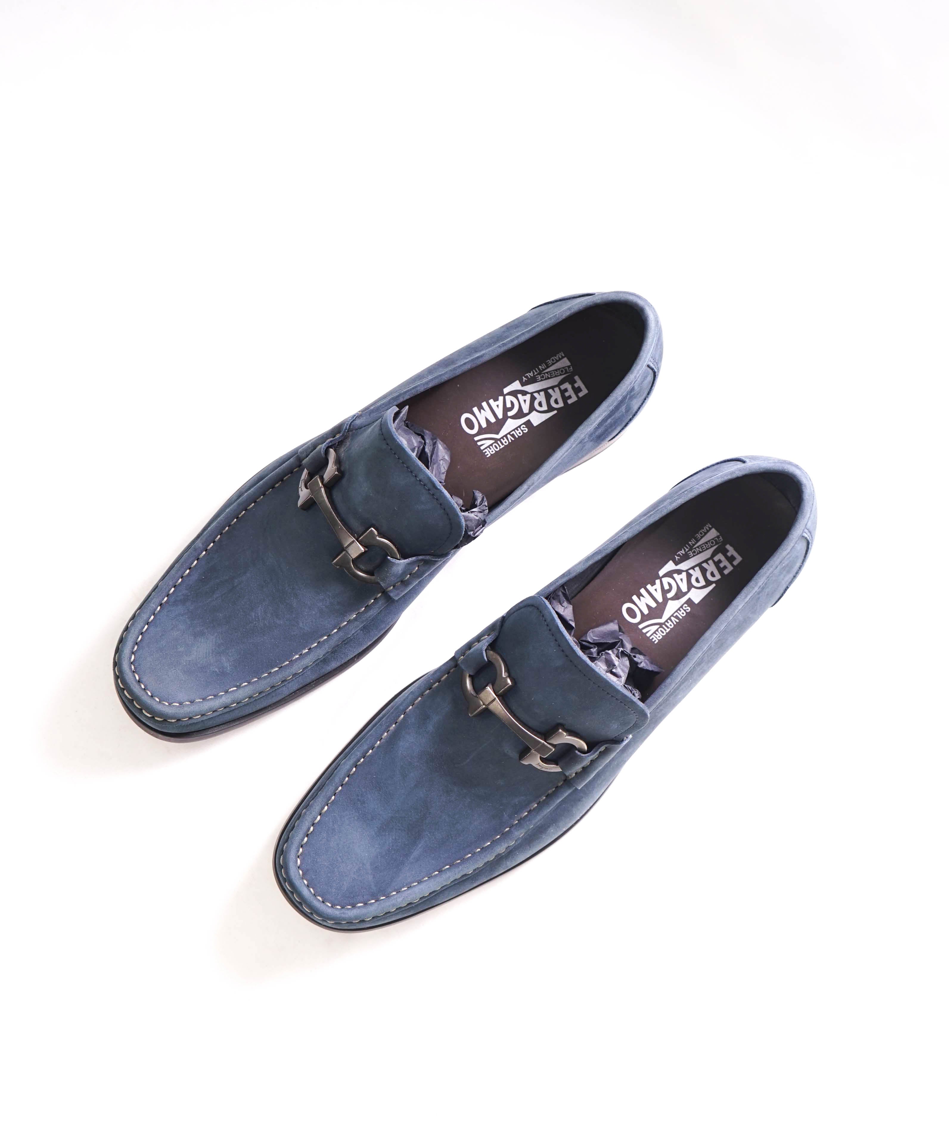 $850 SALVATORE FERRAGAMO - “GRANDIOSO" Gancini Bit Loafer Steel Blue Suede - 10 D