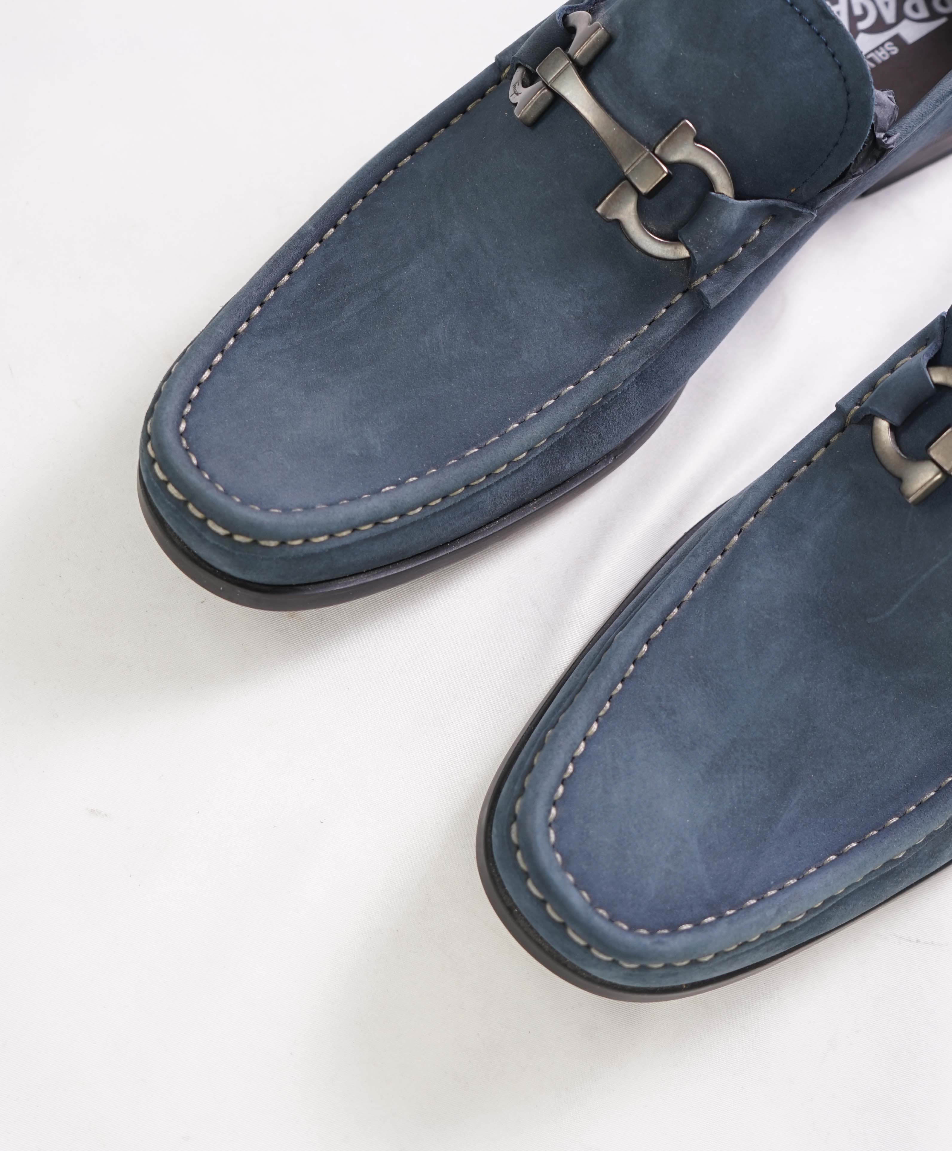 $850 SALVATORE FERRAGAMO - “GRANDIOSO" Gancini Bit Loafer Steel Blue Suede - 10 D