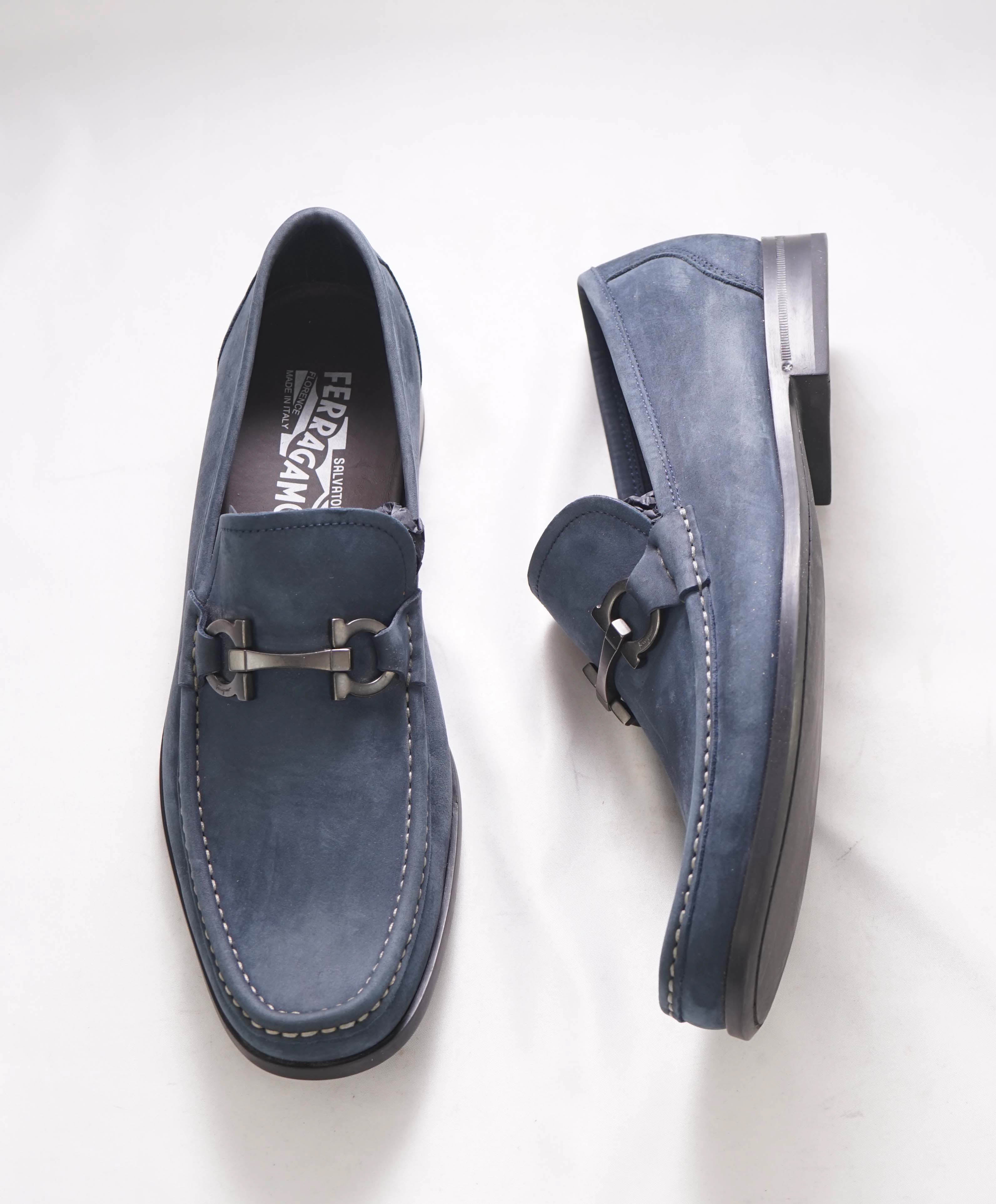 $850 SALVATORE FERRAGAMO - “GRANDIOSO" Gancini Bit Loafer Steel Blue Suede - 10 D