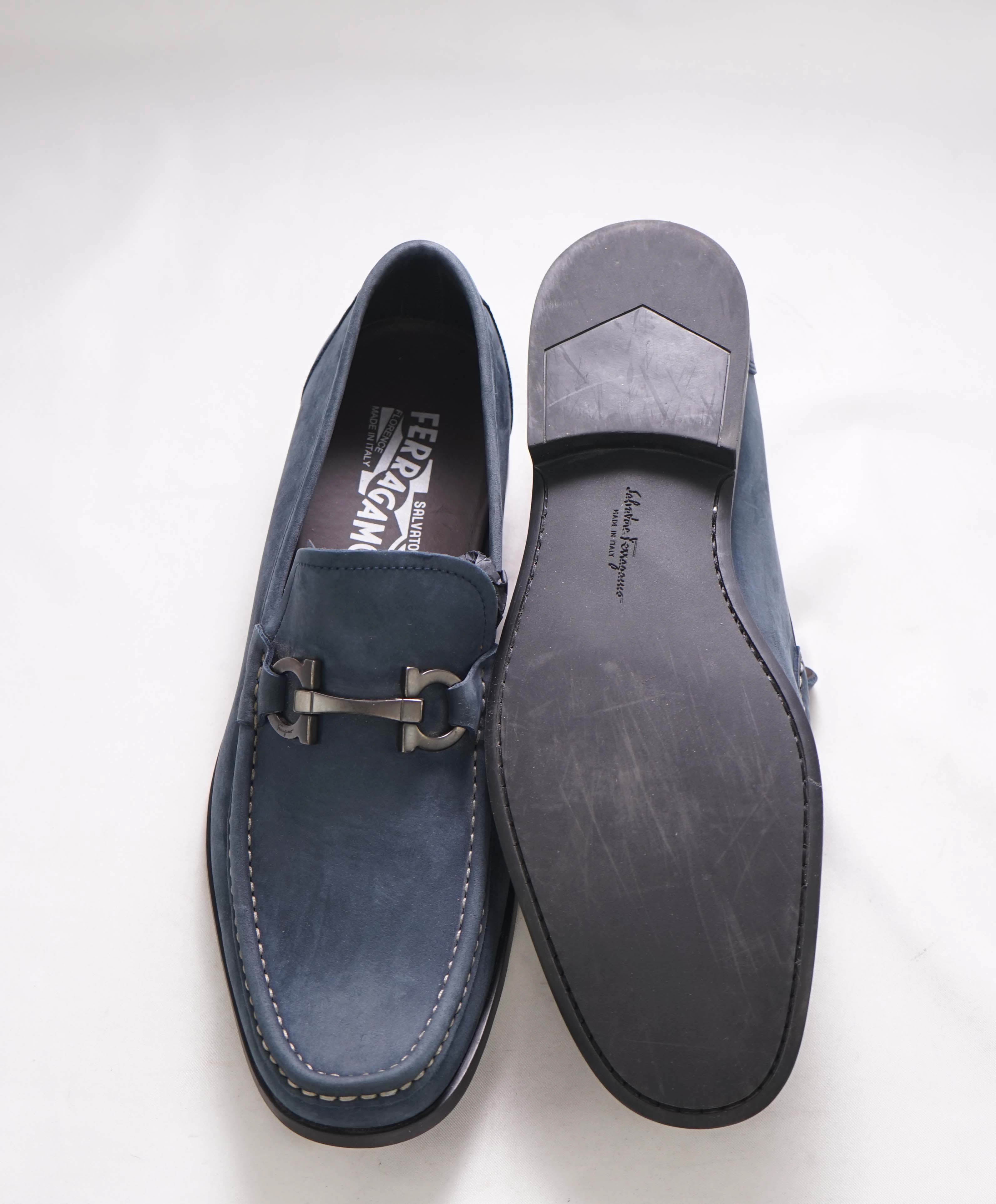 $850 SALVATORE FERRAGAMO - “GRANDIOSO" Gancini Bit Loafer Steel Blue Suede - 10 D