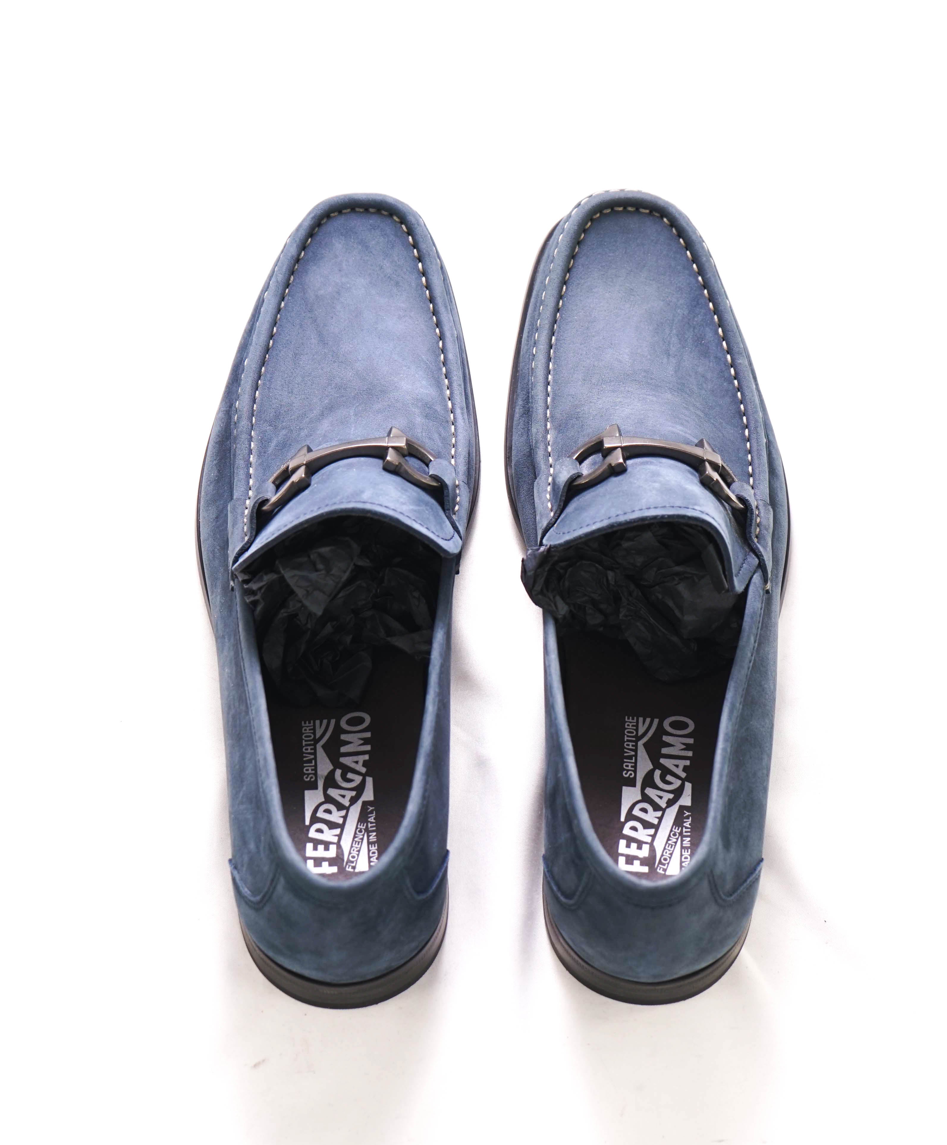 $850 SALVATORE FERRAGAMO - “GRANDIOSO" Gancini Bit Loafer Steel Blue Suede - 10 D