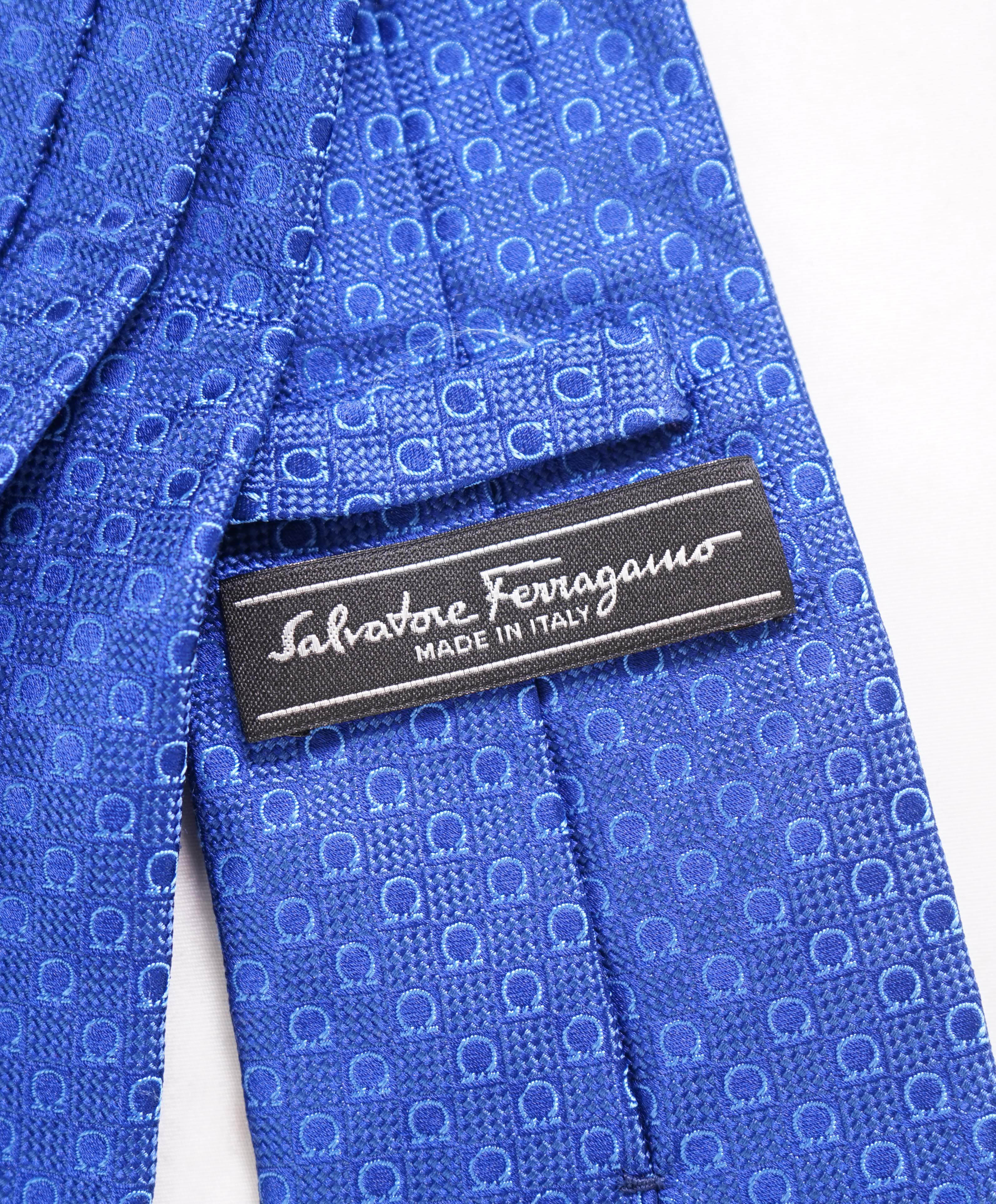 $200 SALVATORE FERRAGAMO - Blue Gancini Logo Tie 3.3" - Tie