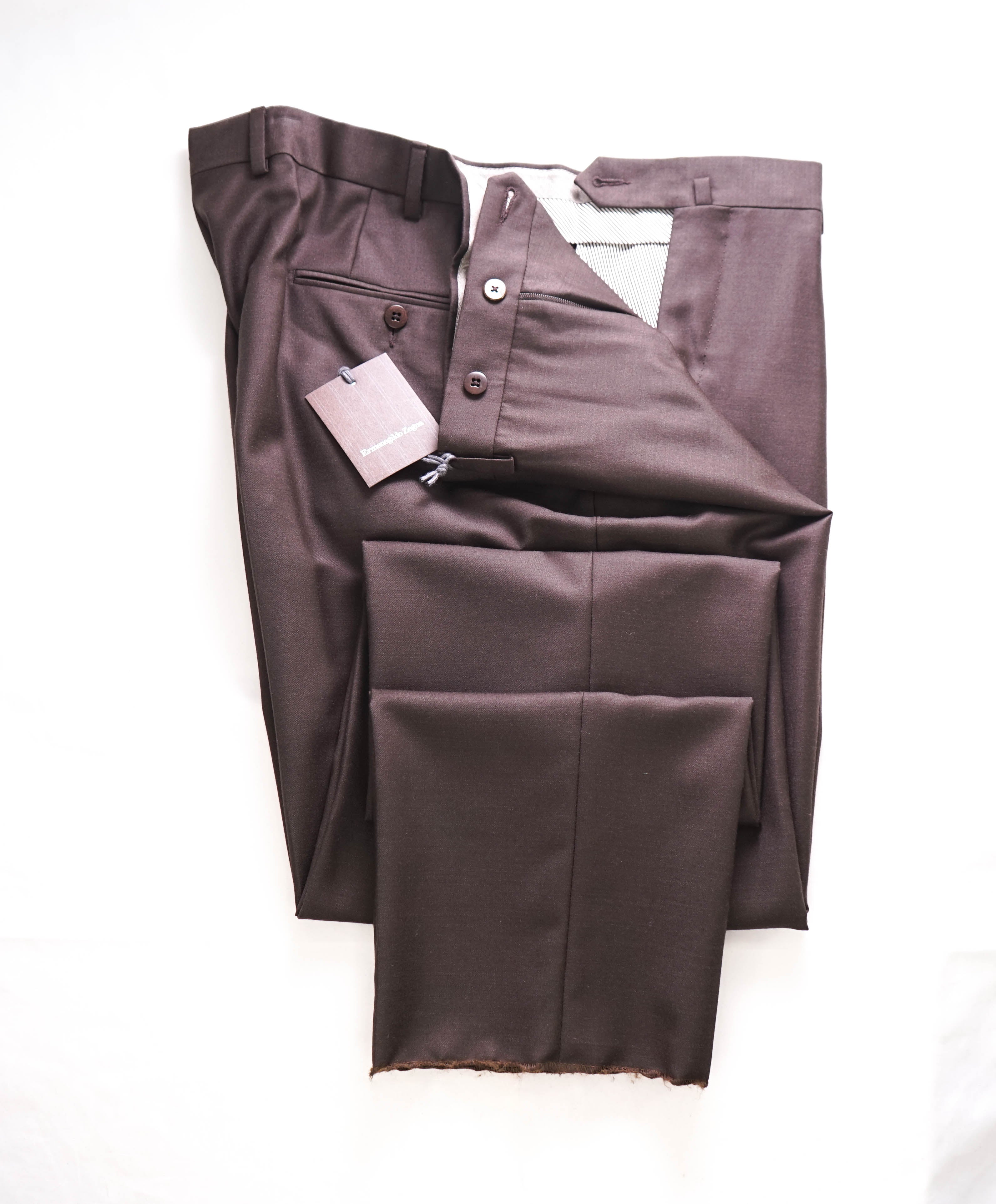 $795 ERMENEGILDO ZEGNA -Mdm Brown “TROFEO" Flat Front Wool Trousers- 40W