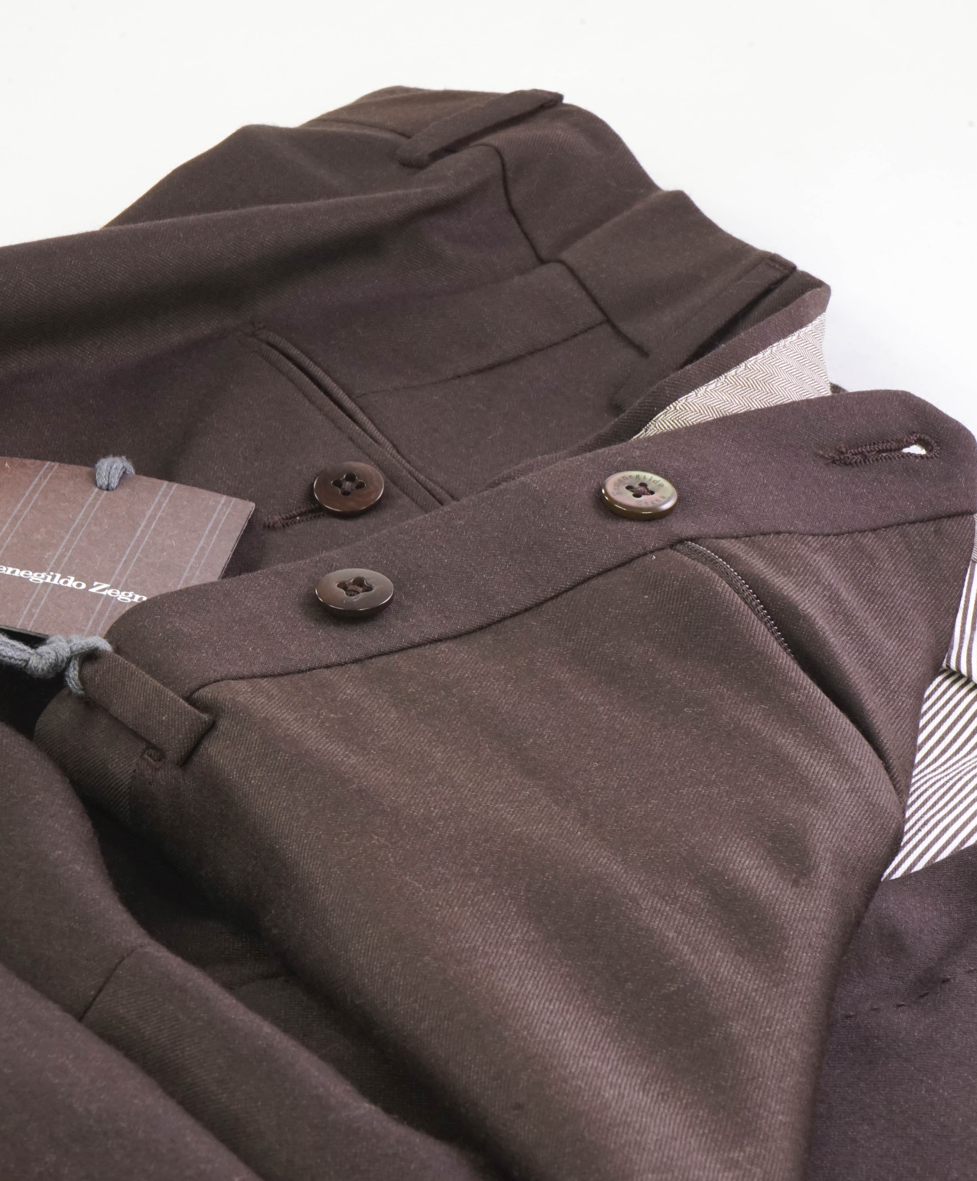 $795 ERMENEGILDO ZEGNA -Mdm Brown “TROFEO" Flat Front Wool Trousers- 40W