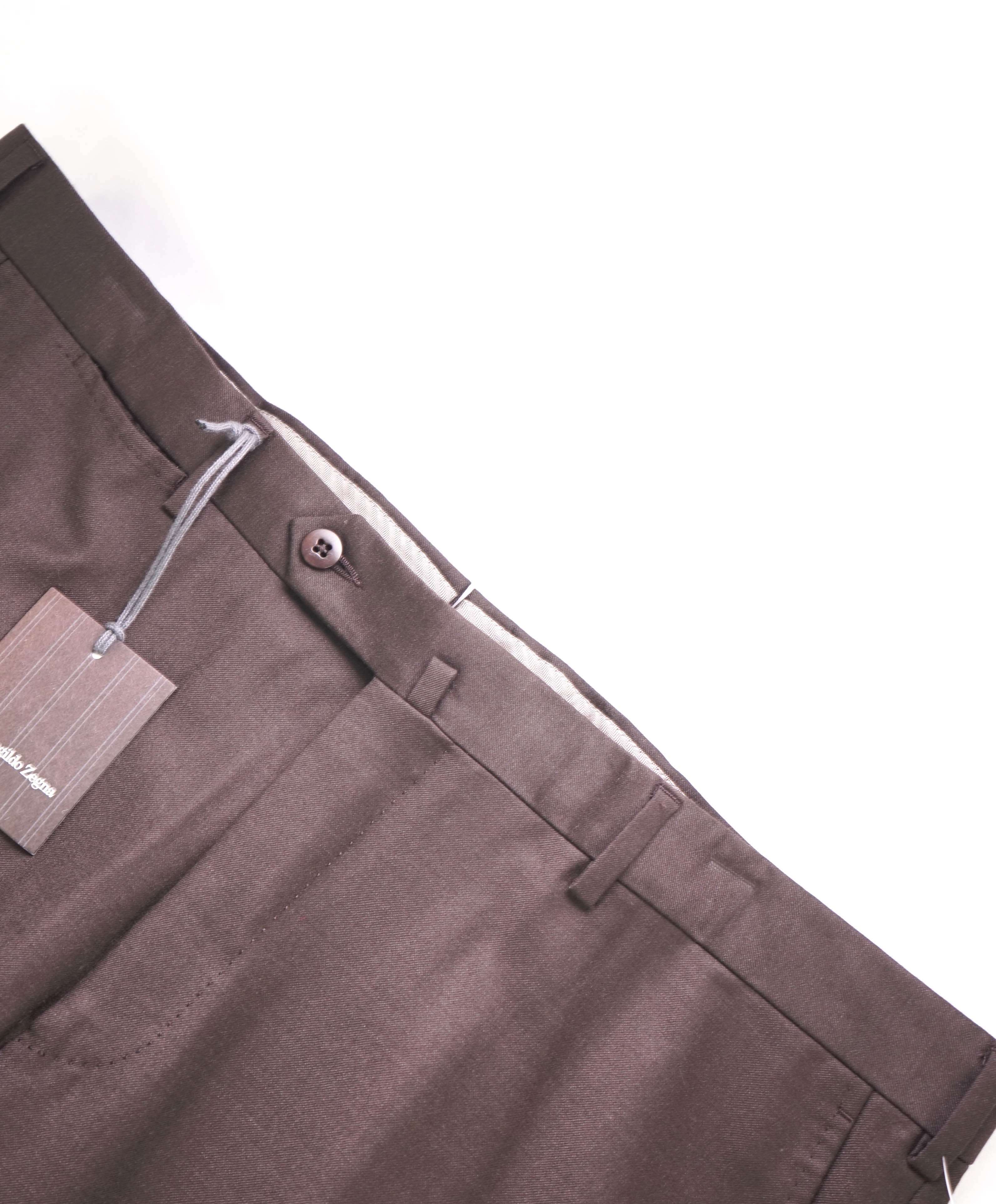 $795 ERMENEGILDO ZEGNA -Mdm Brown “TROFEO" Flat Front Wool Trousers- 40W