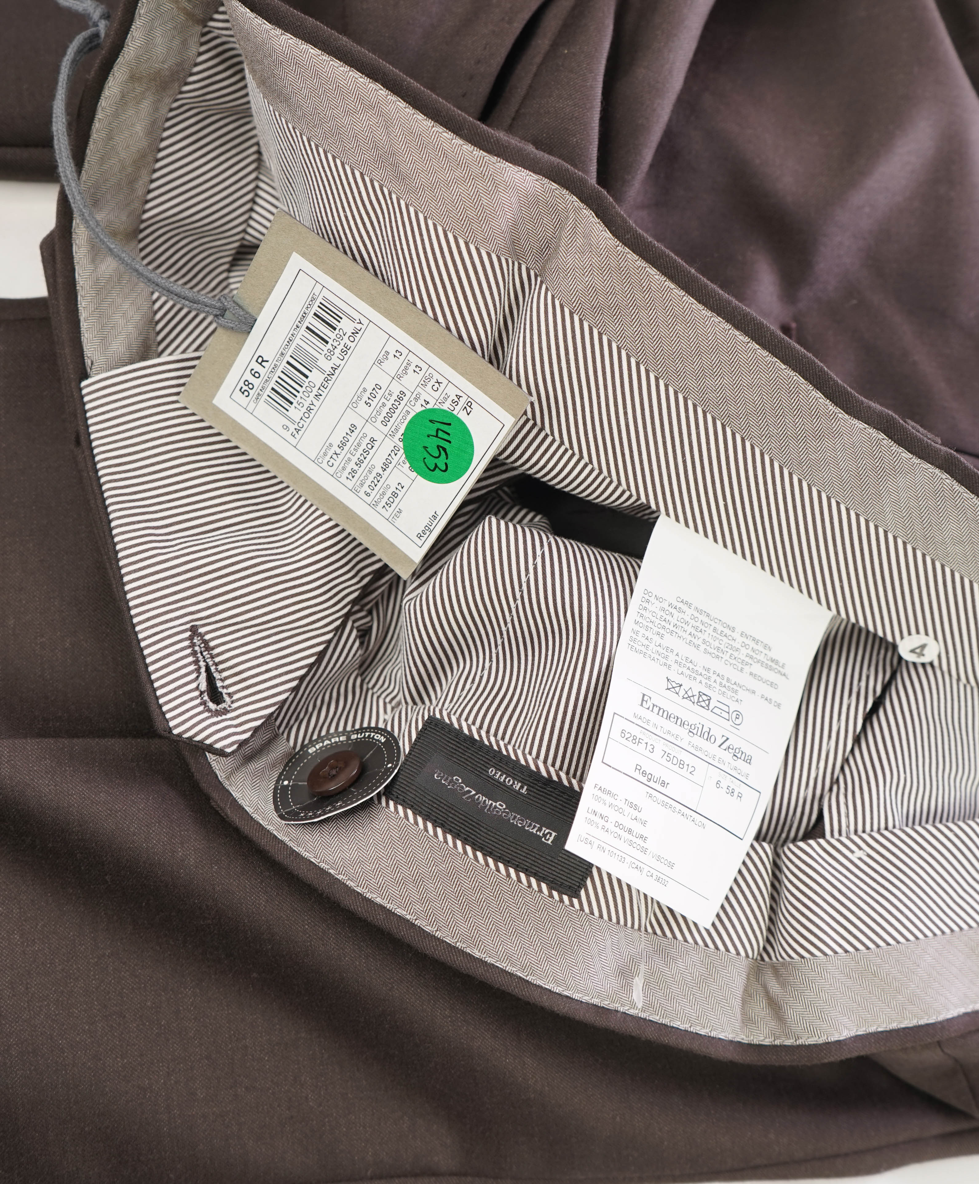 $795 ERMENEGILDO ZEGNA -Mdm Brown “TROFEO" Flat Front Wool Trousers- 40W