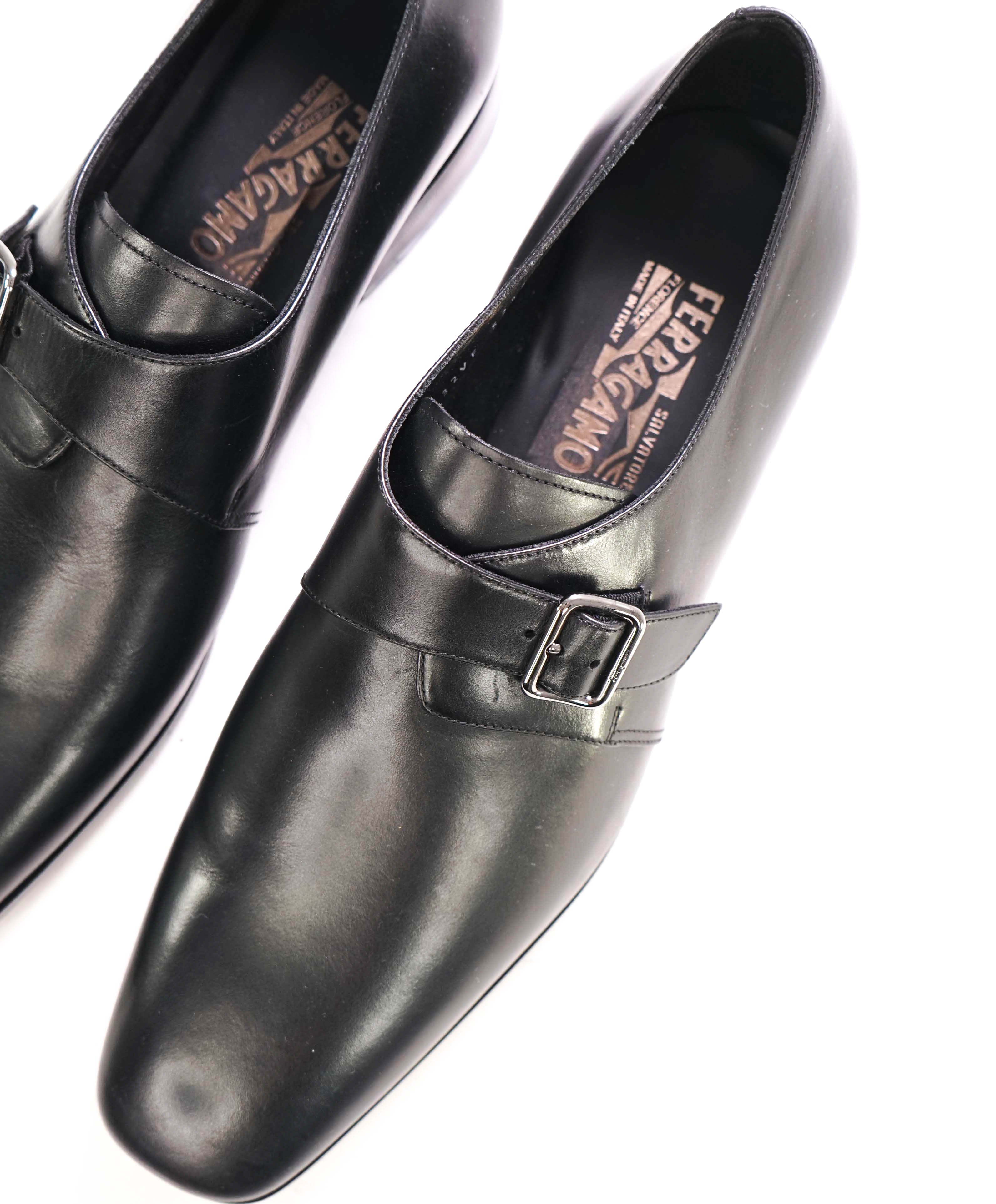 $850 SALVATORE FERRAGAMO - "FABRIZIO" Black Single Monk Leather Loafer - 13 D US