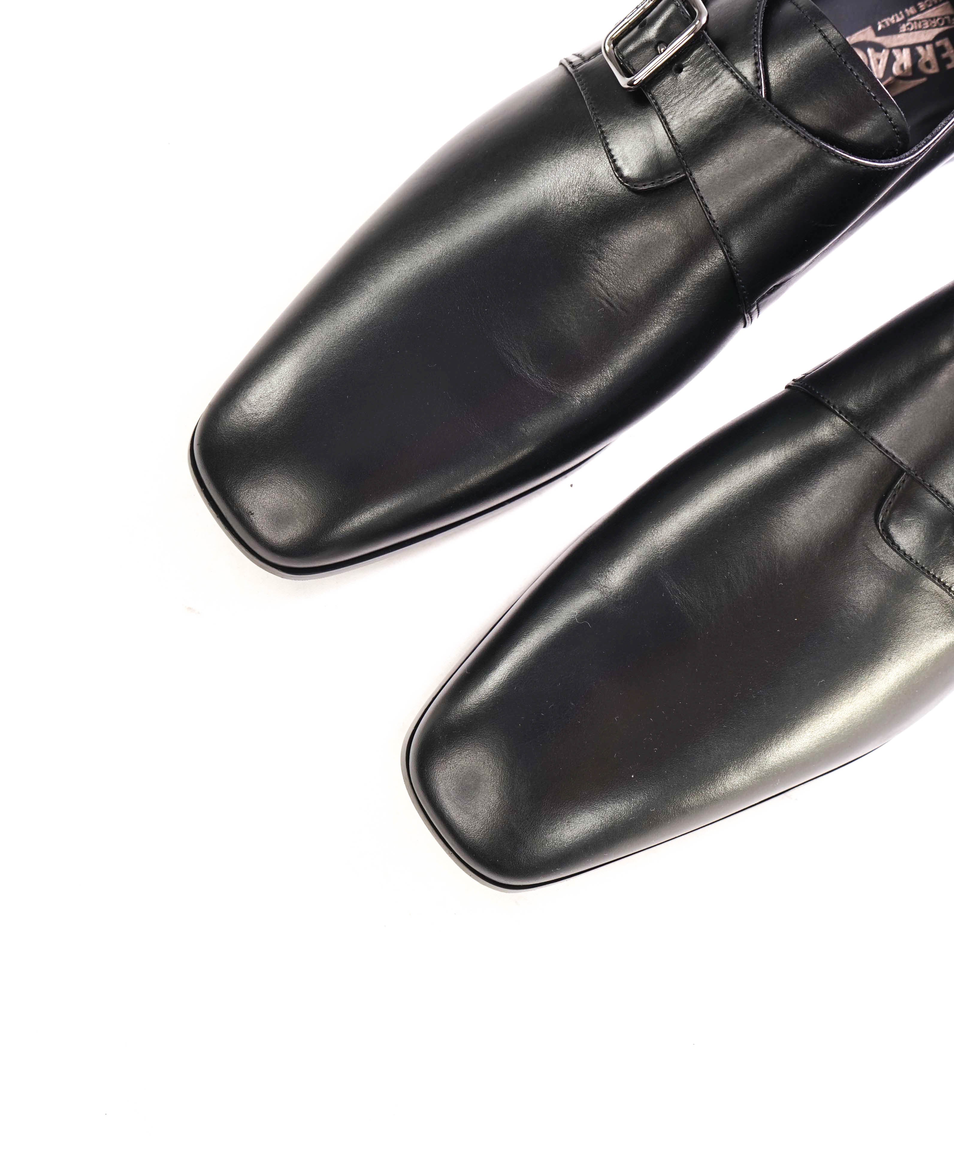 $850 SALVATORE FERRAGAMO - "FABRIZIO" Black Single Monk Leather Loafer - 13 D US