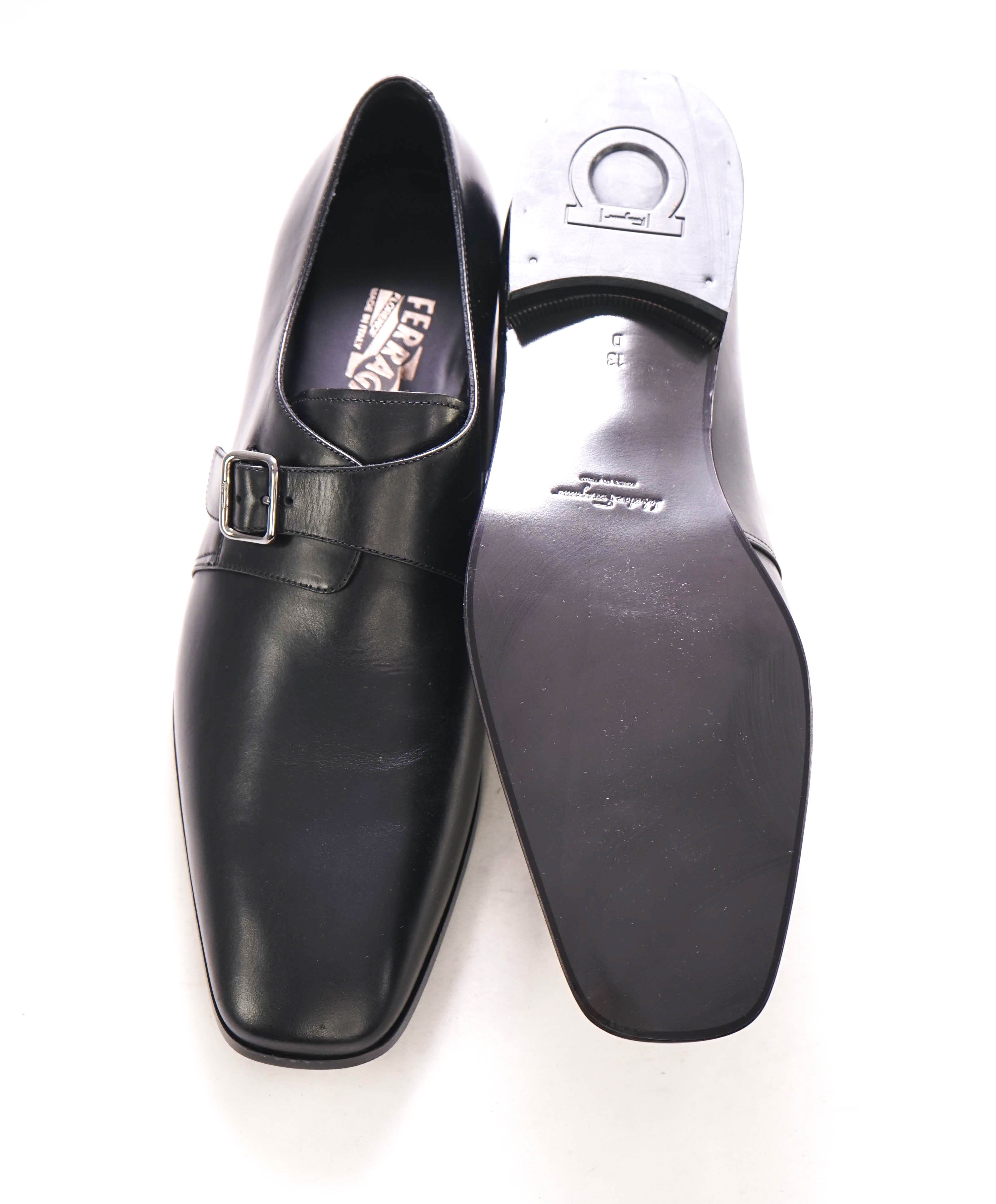 $850 SALVATORE FERRAGAMO - "FABRIZIO" Black Single Monk Leather Loafer - 13 D US