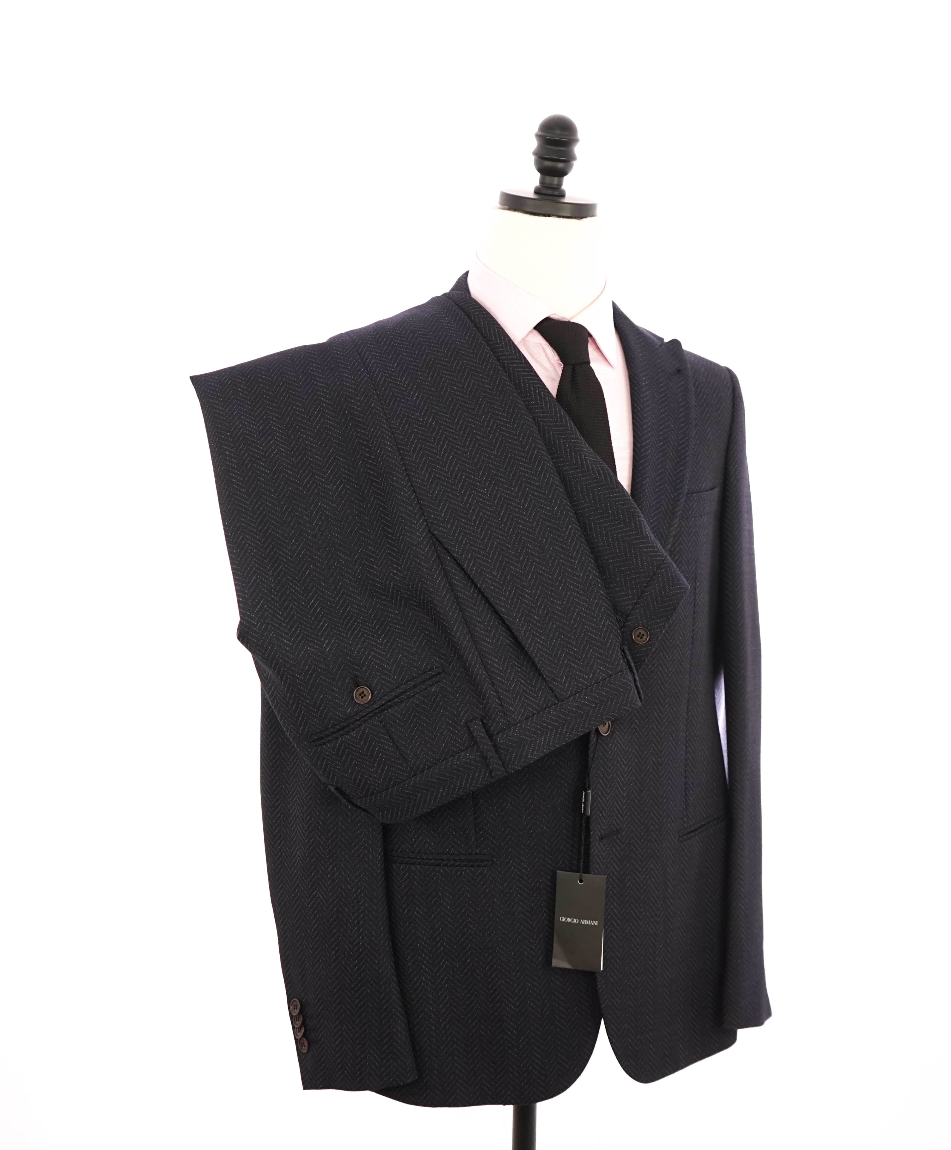 $3,795 GIORGIO ARMANI - "SOHO" Navy Peak Lapel Herringbone Suit - 42R