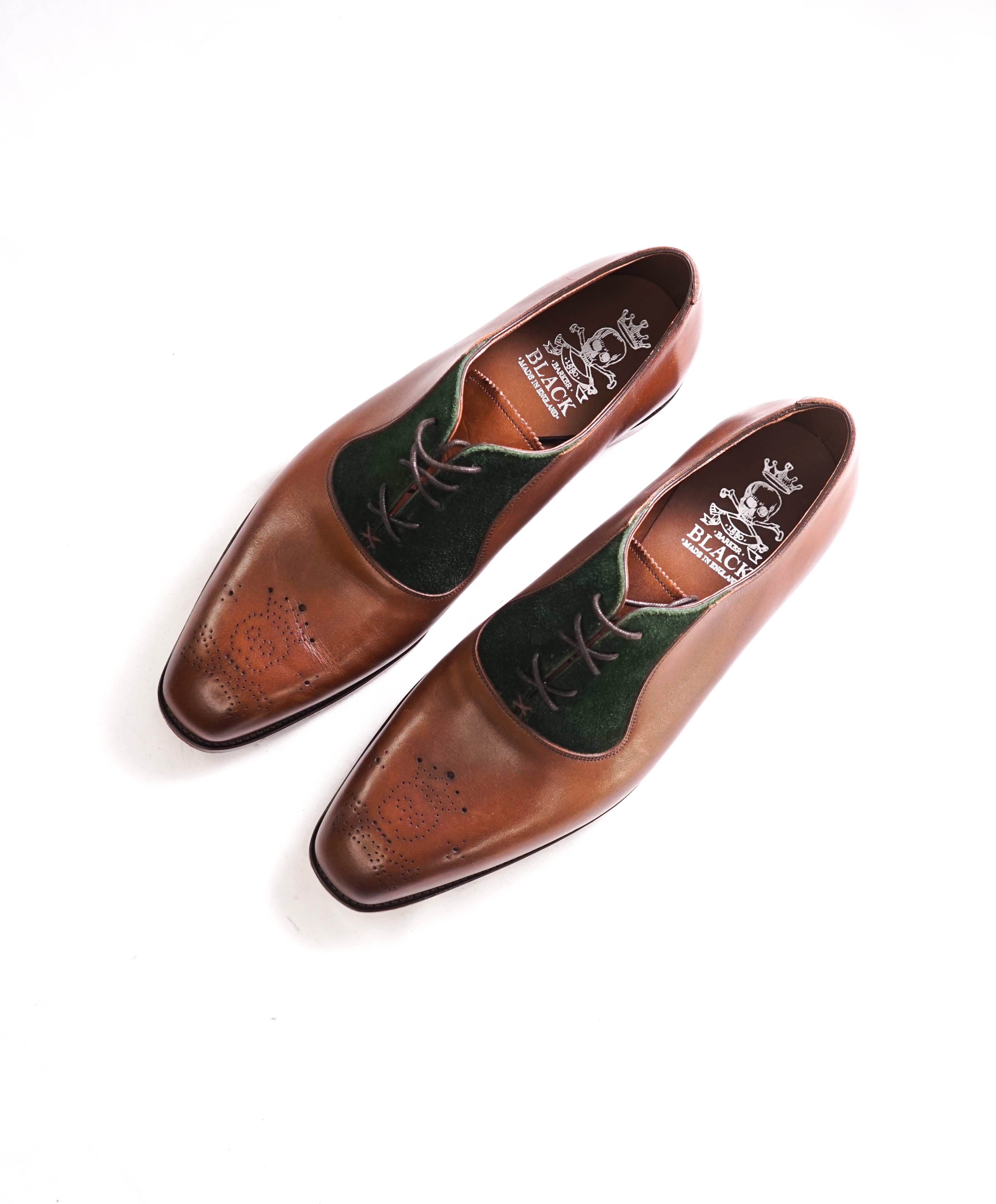 $875 BARKER BLACK - "ALTHORP" Brown/Green Suede Leather Oxford - 9.5US (8.5 UK)
