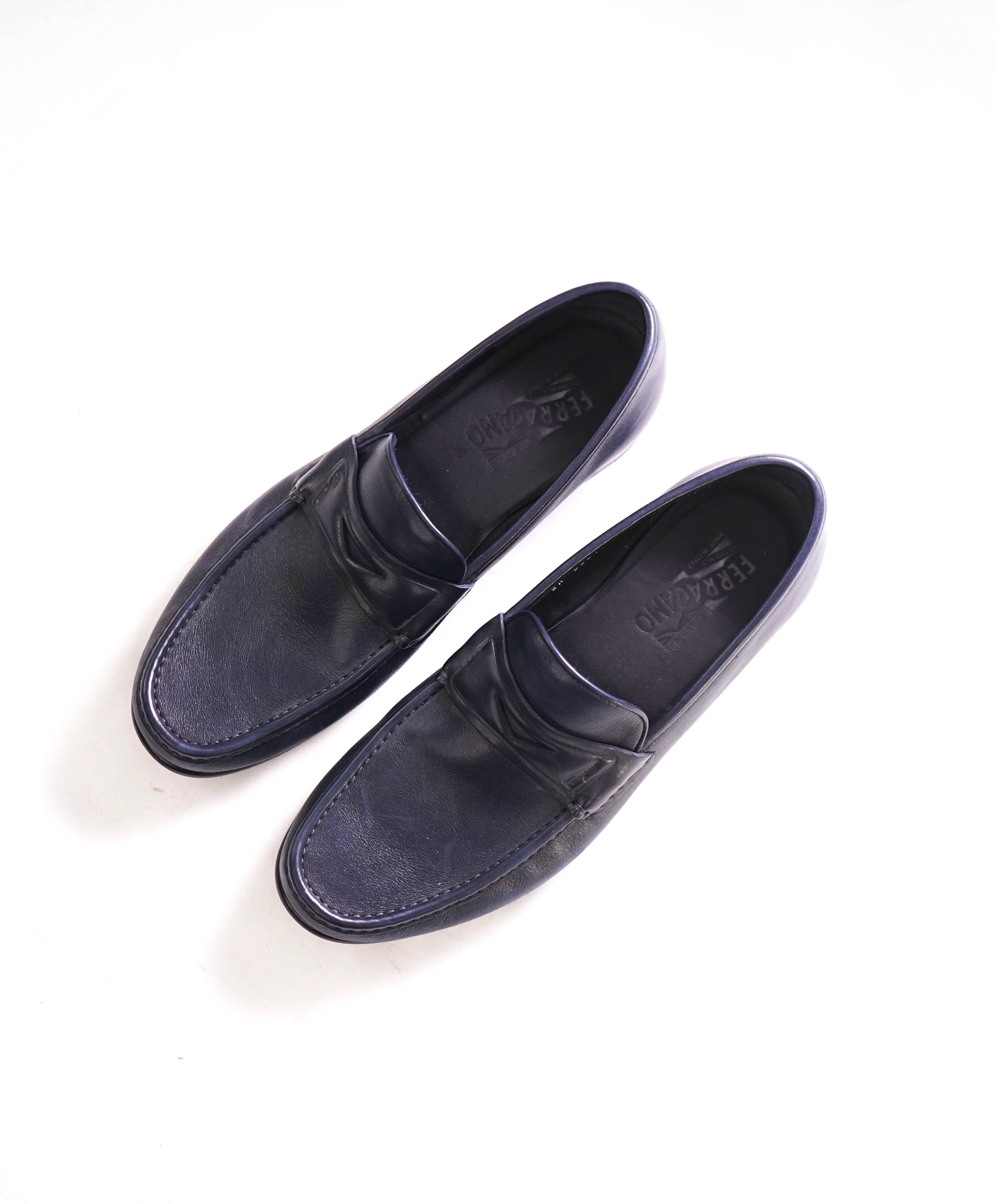 SALVATORE FERRAGAMO - Navy Blue LOGO Penny Loafers Round Toe - 11.5 EE US