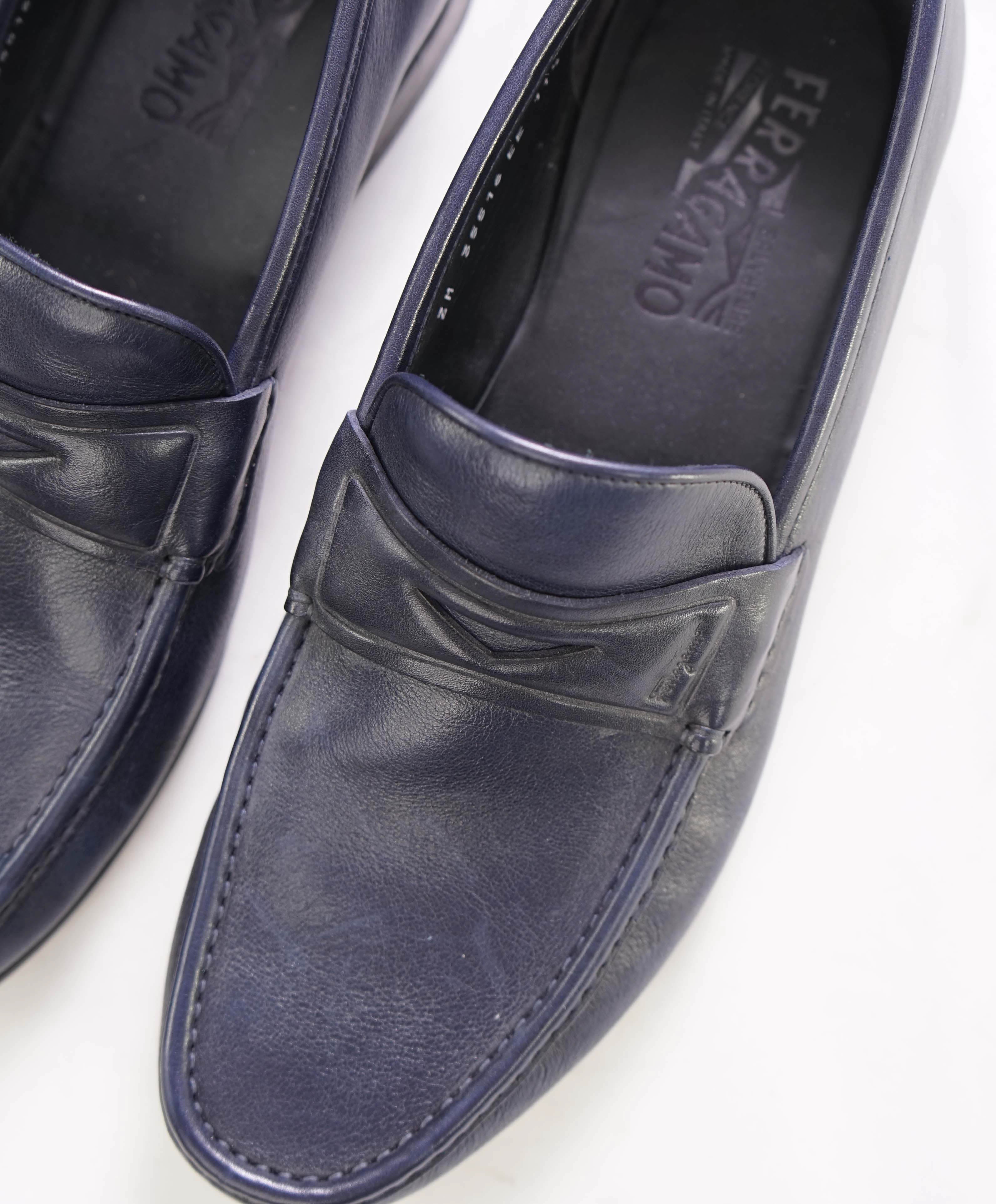 SALVATORE FERRAGAMO - Navy Blue LOGO Penny Loafers Round Toe - 11.5 EE US