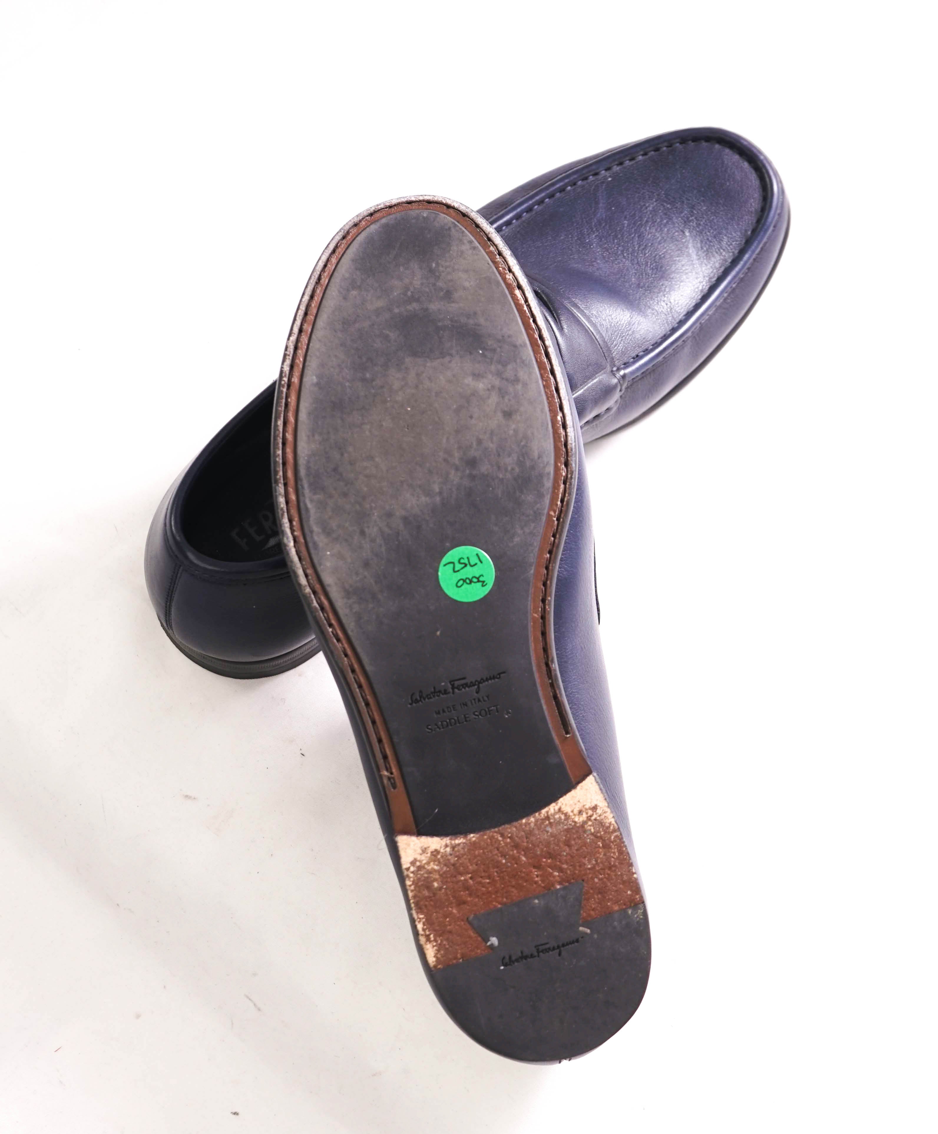 SALVATORE FERRAGAMO - Navy Blue LOGO Penny Loafers Round Toe - 11.5 EE US