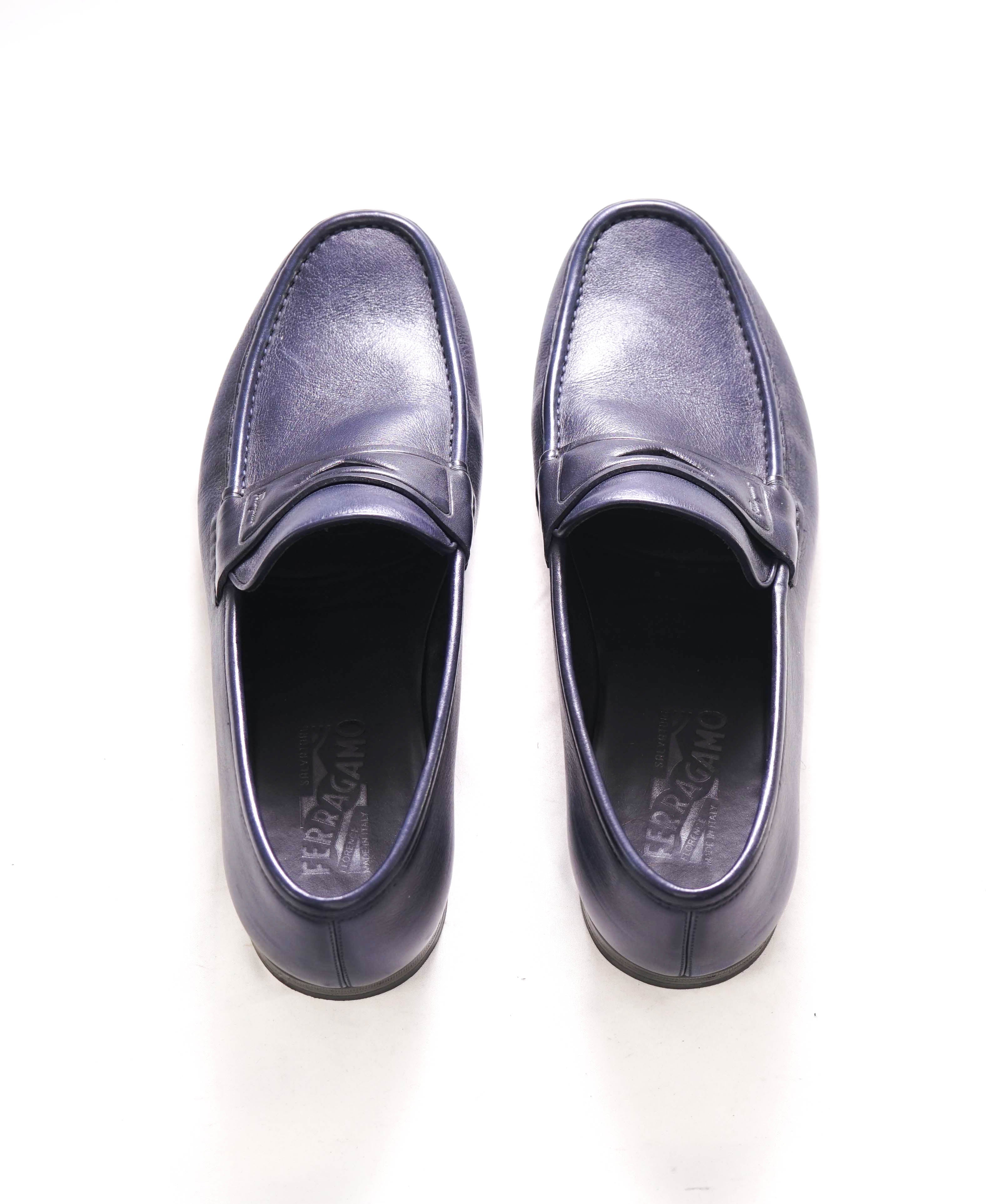 SALVATORE FERRAGAMO - Navy Blue LOGO Penny Loafers Round Toe - 11.5 EE US