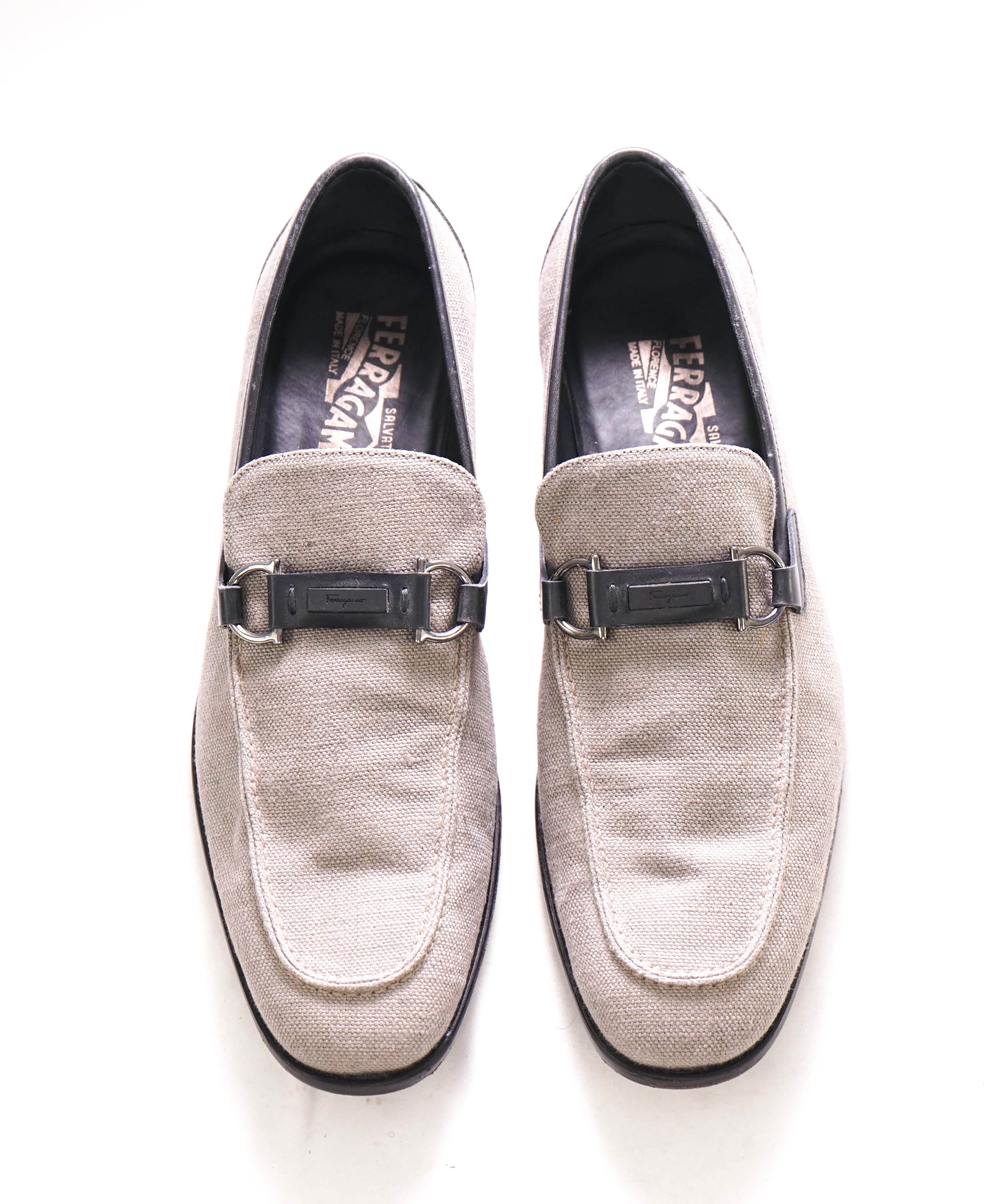 $850 SALVATORE FERRAGAMO - Neutral / Brown Linen Gancini Round Toe Loafer - 10.5 D US