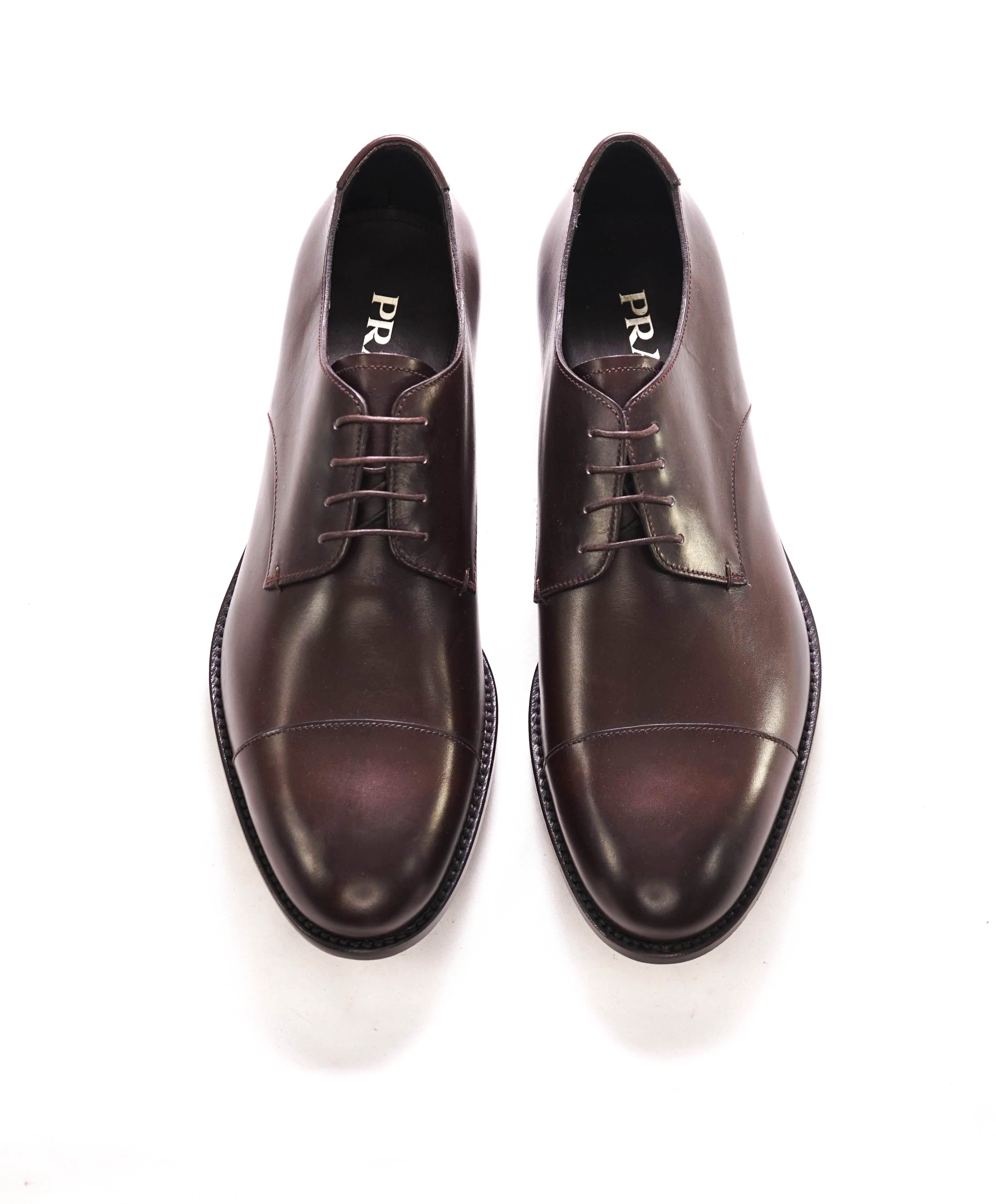 $980 PRADA - Brown Brushed Leather Cap Toe Oxfords W Logo - 9.5 US (8.5 Prada)