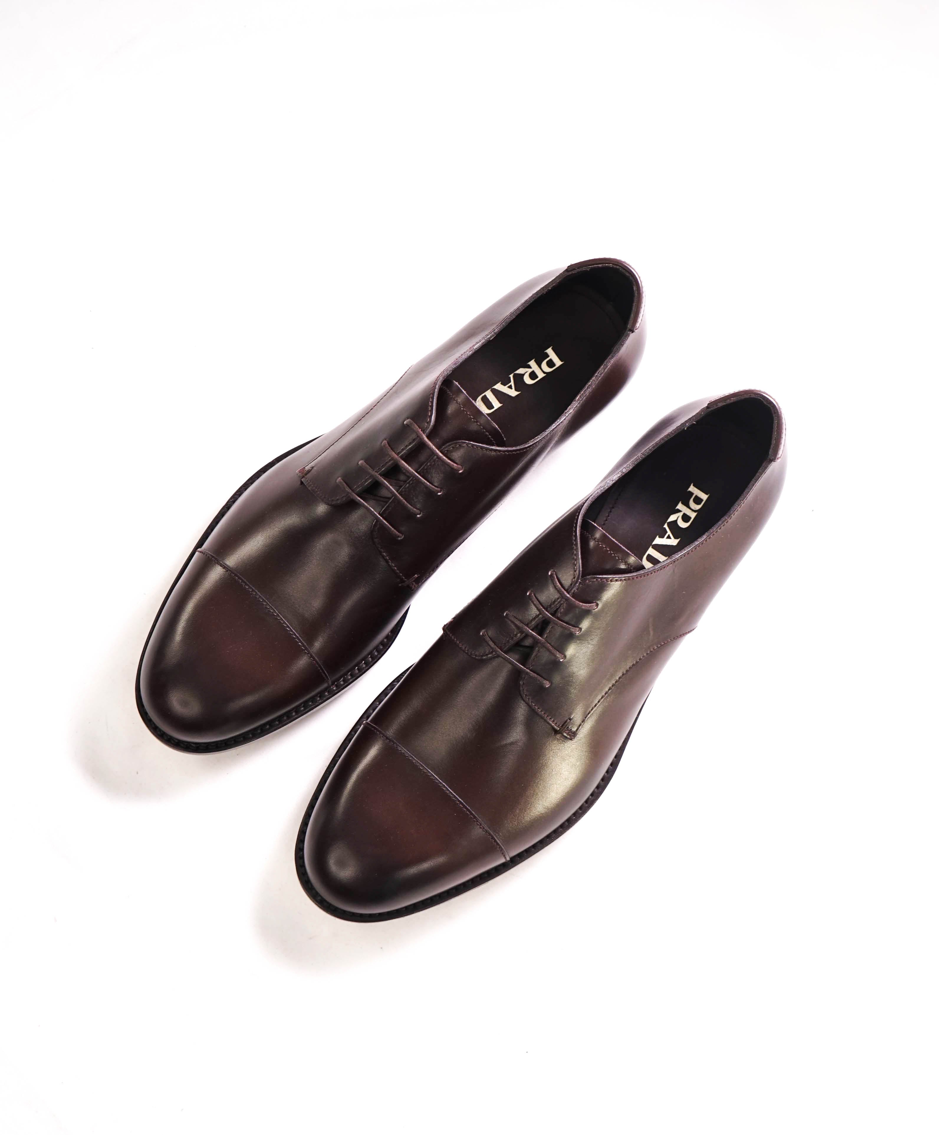 $980 PRADA - Brown Brushed Leather Cap Toe Oxfords W Logo - 9.5 US (8.5 Prada)