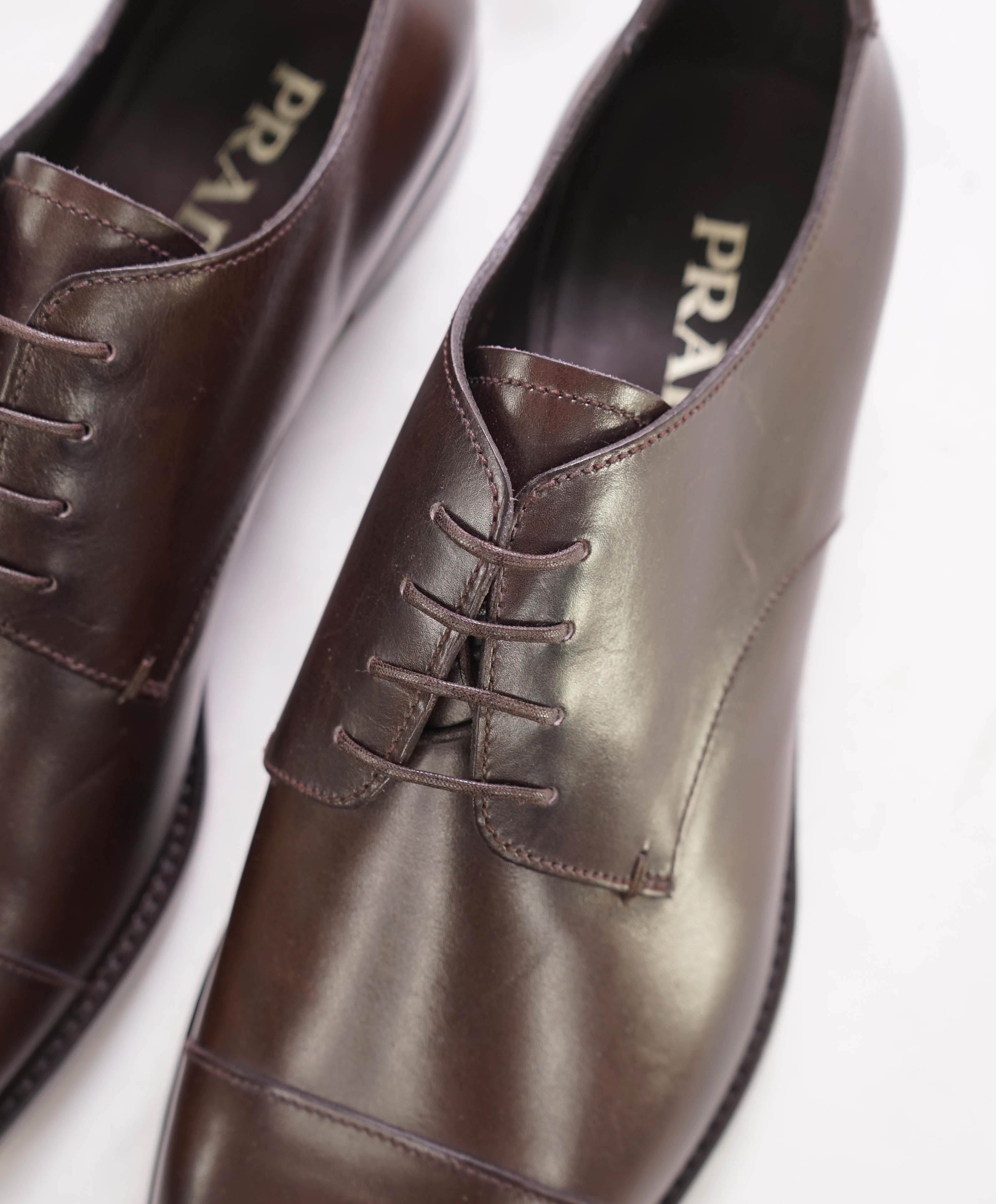 $980 PRADA - Brown Brushed Leather Cap Toe Oxfords W Logo - 9.5 US (8.5 Prada)
