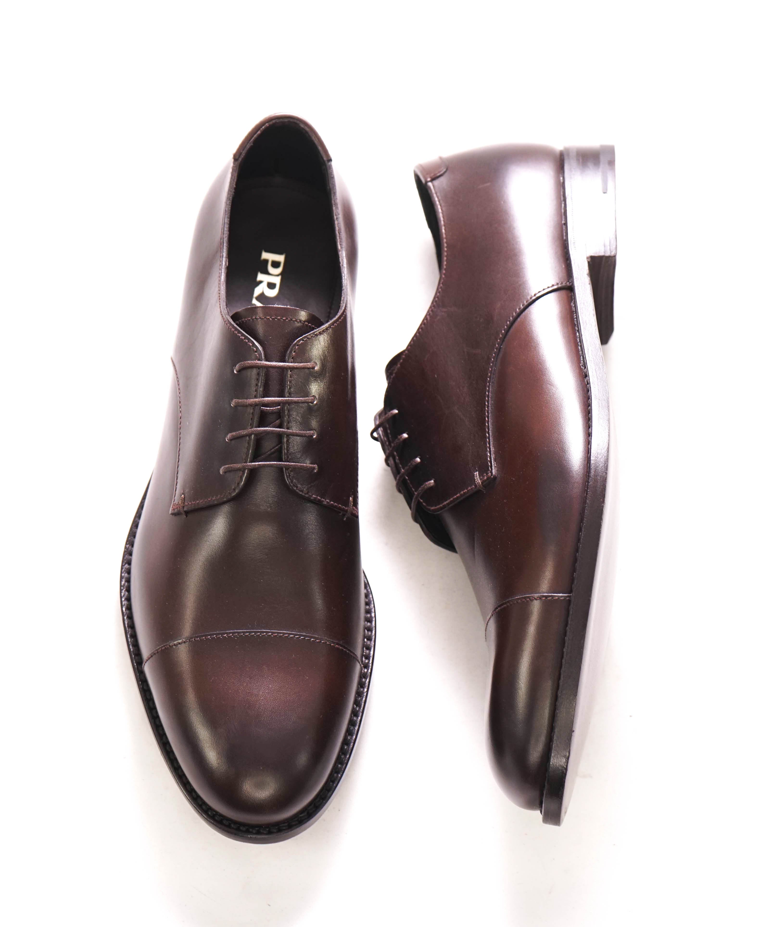 $980 PRADA - Brown Brushed Leather Cap Toe Oxfords W Logo - 9.5 US (8.5 Prada)