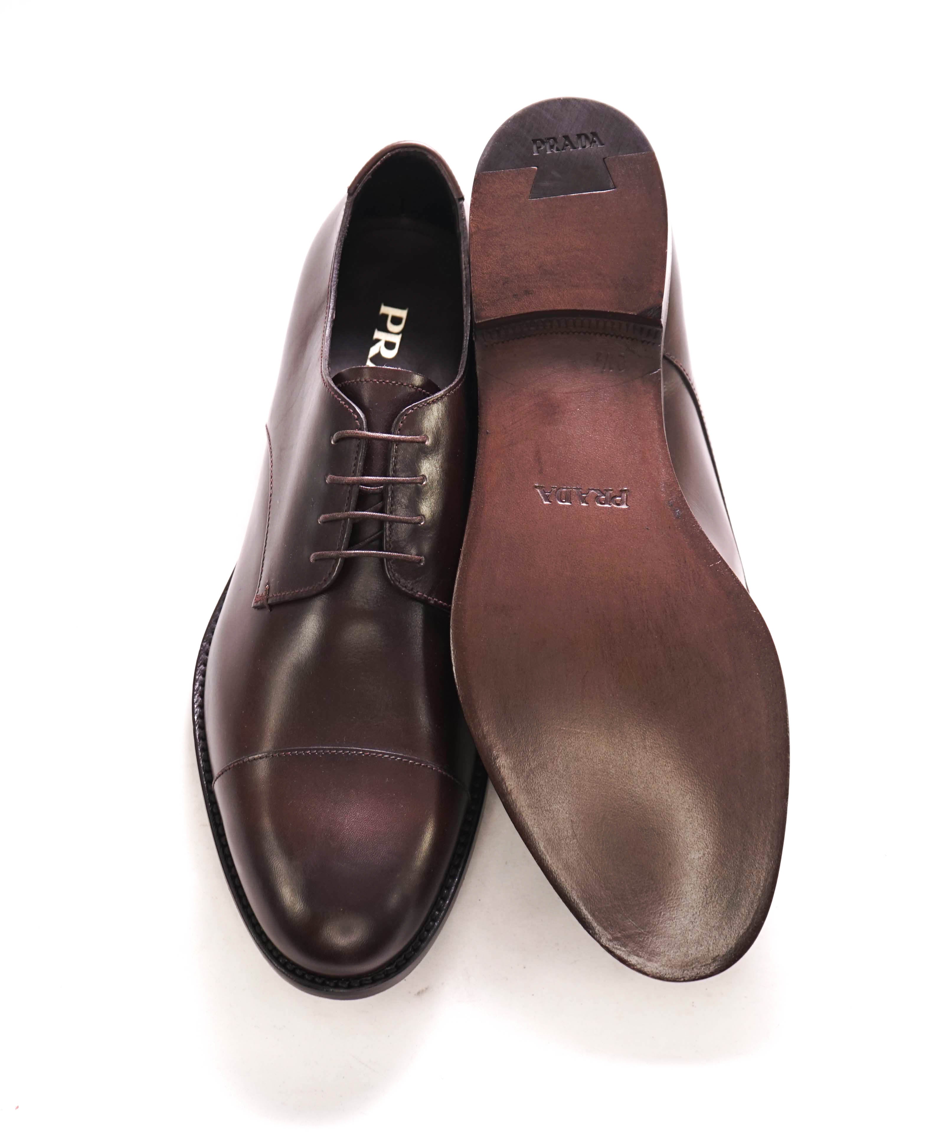 $980 PRADA - Brown Brushed Leather Cap Toe Oxfords W Logo - 9.5 US (8.5 Prada)