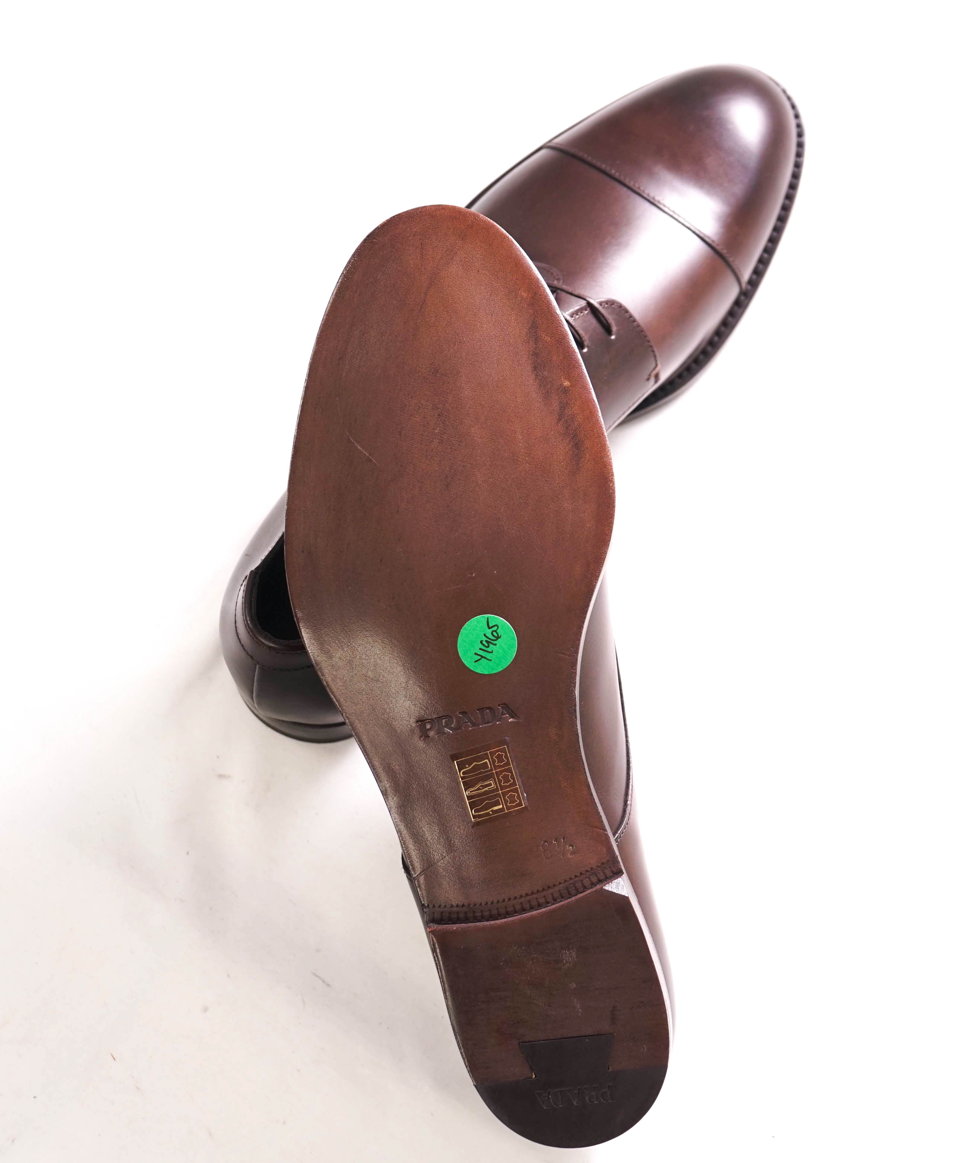$980 PRADA - Brown Brushed Leather Cap Toe Oxfords W Logo - 9.5 US (8.5 Prada)