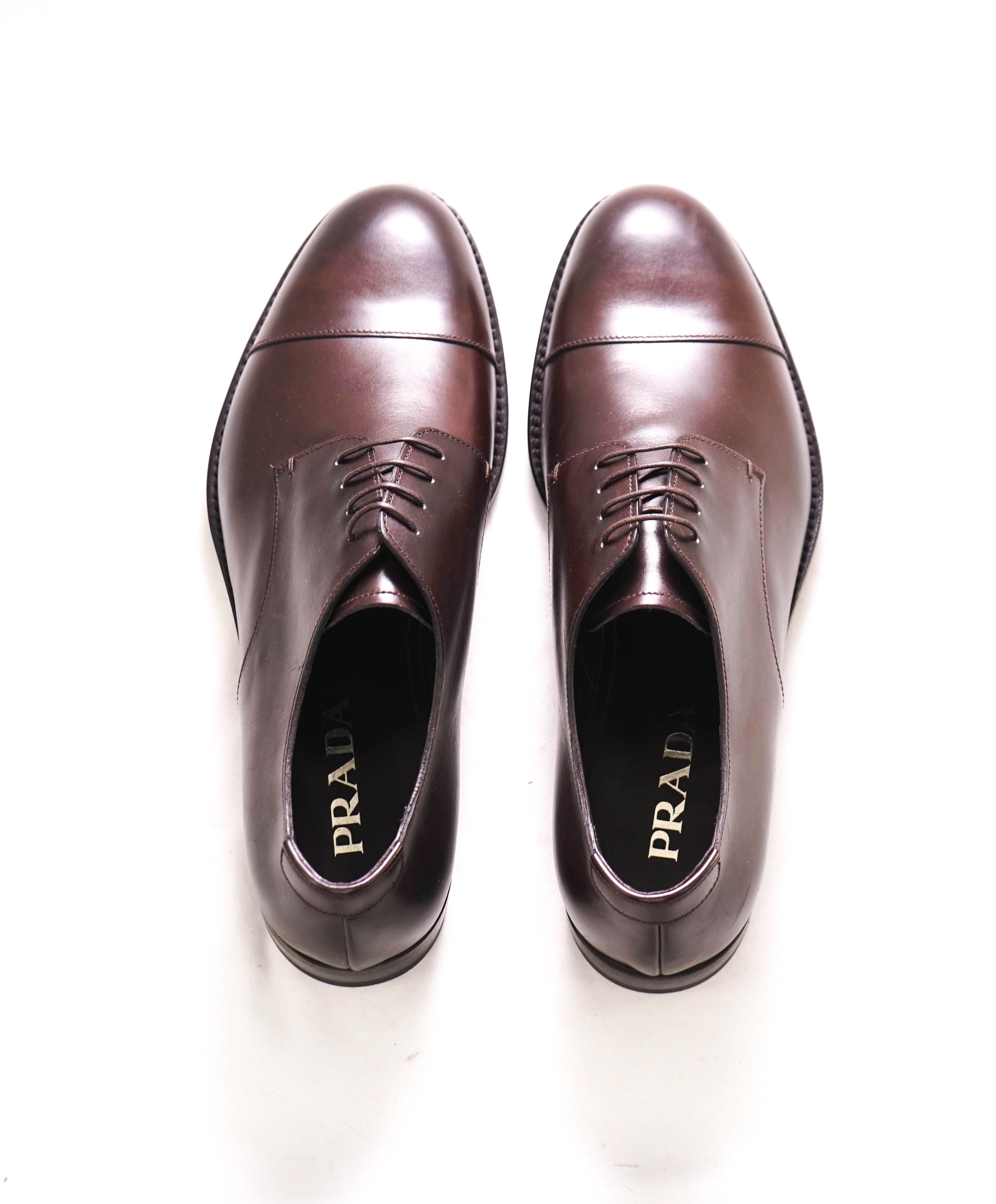 $980 PRADA - Brown Brushed Leather Cap Toe Oxfords W Logo - 9.5 US (8.5 Prada)