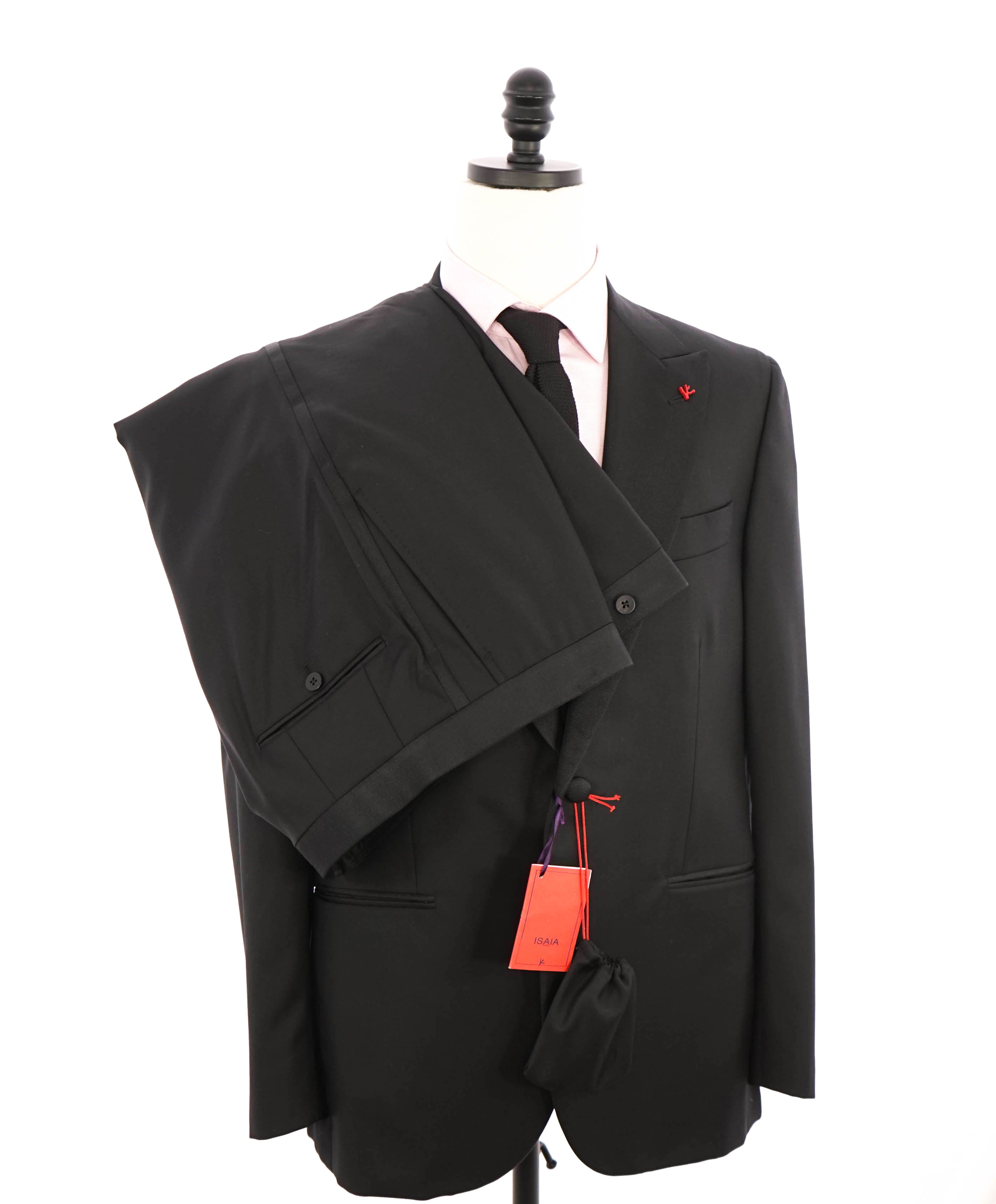 $4,595 ISAIA - "AQUASPIDER" Satin PEAK LAPEL Black Wool Tuxedo - 42S