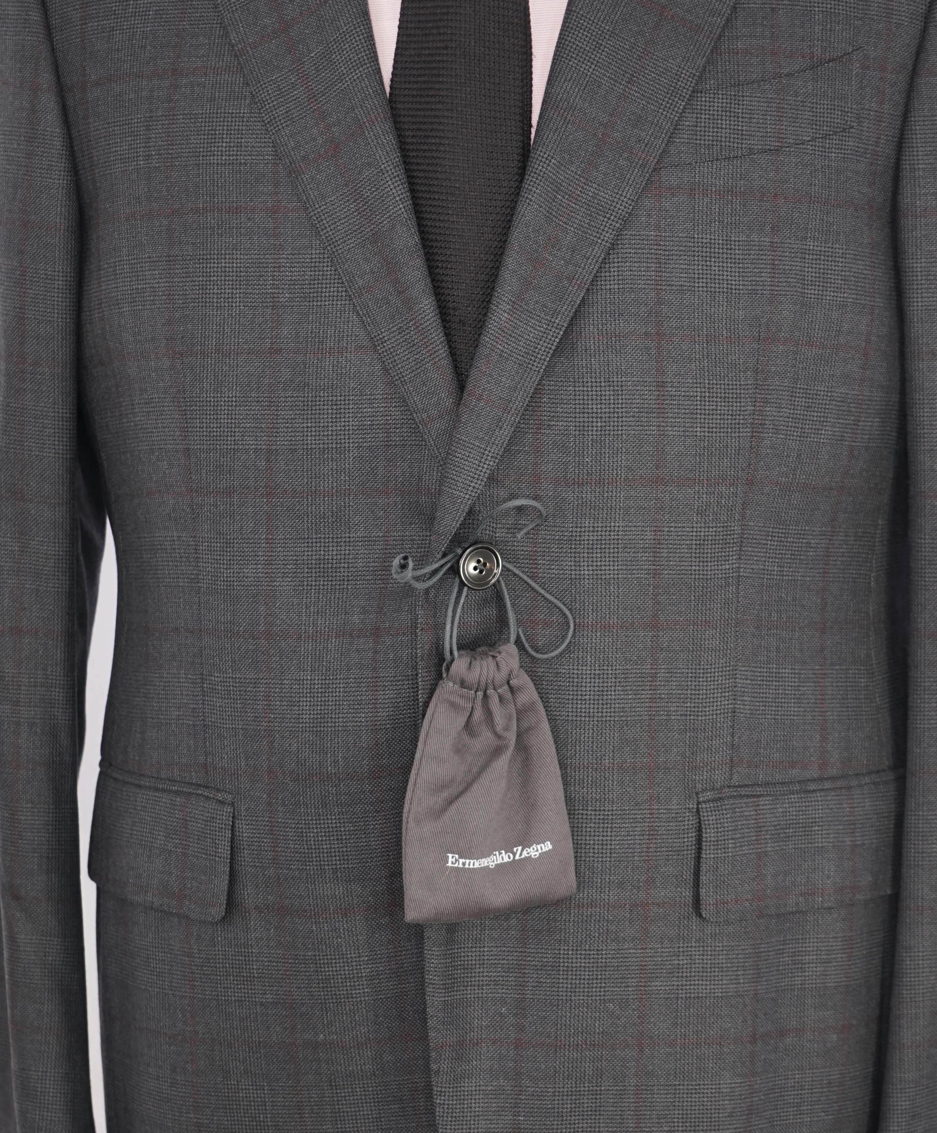 $3,995 ERMENEGILDO ZEGNA -"TROFEO 600" Prince of Wales Check Gray/Red Suit - 40S