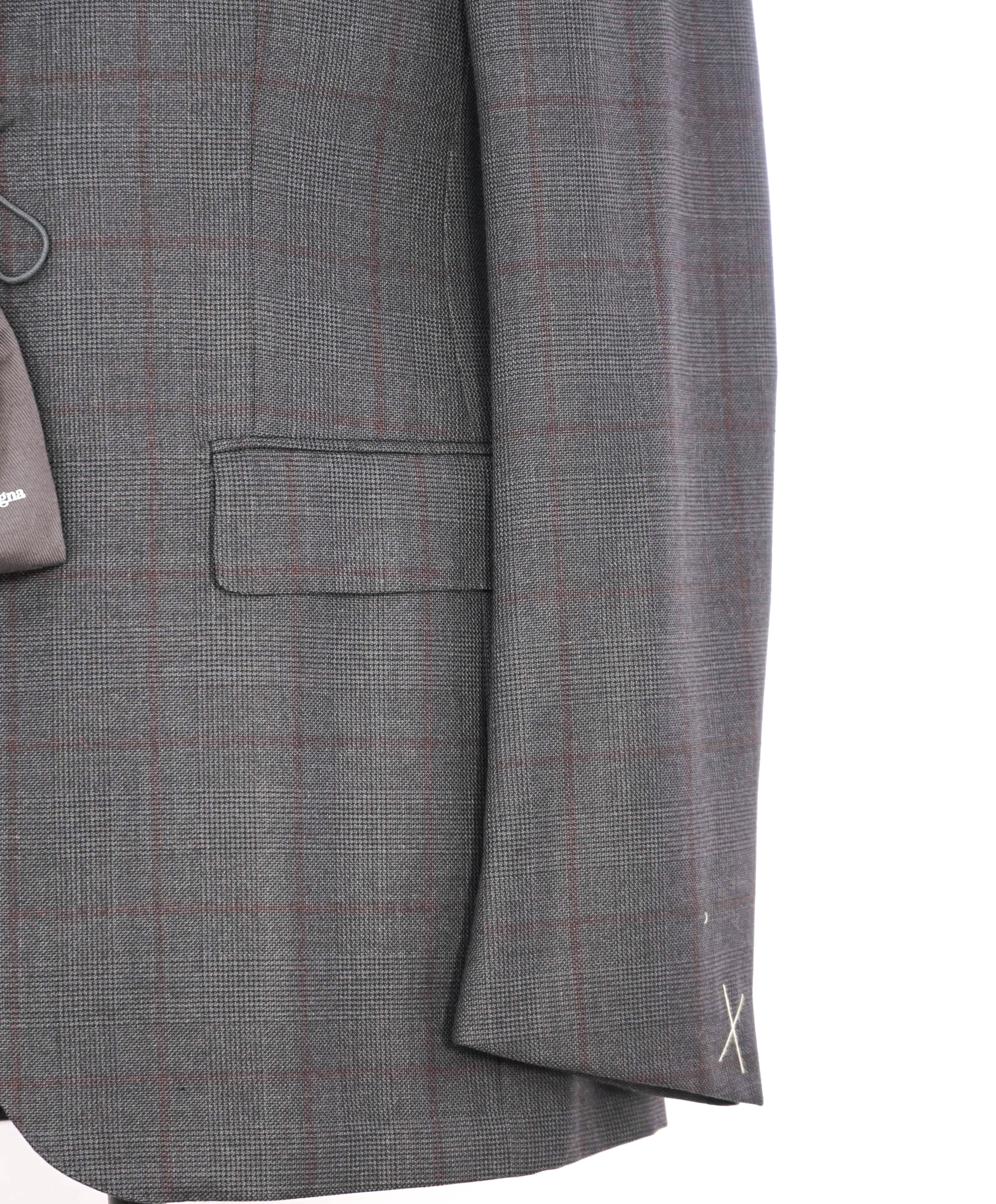 $3,995 ERMENEGILDO ZEGNA -"TROFEO 600" Prince of Wales Check Gray/Red Suit - 40S